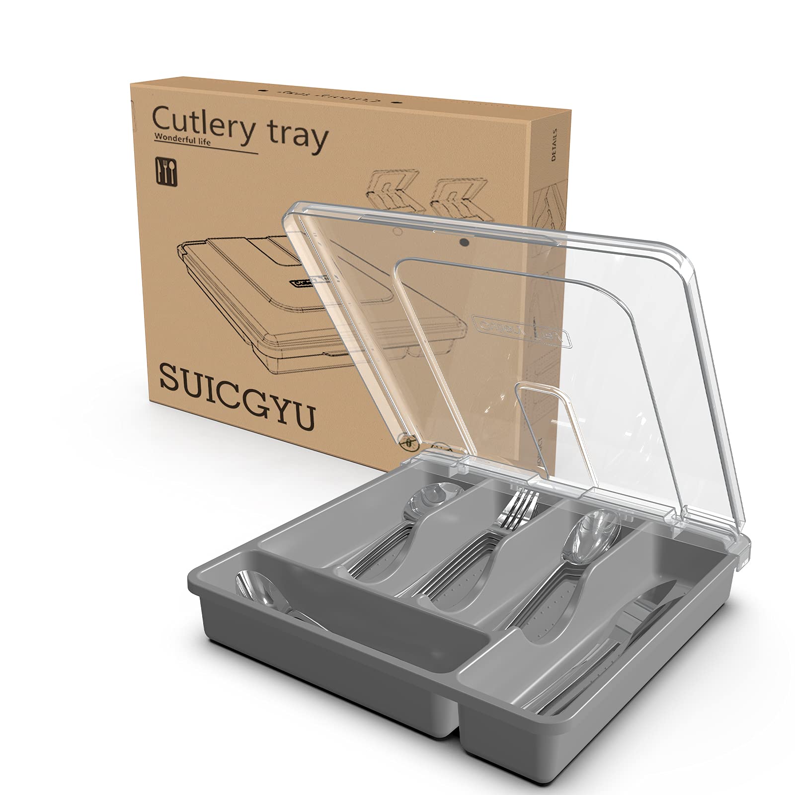 **5-Compartment Gray Plastic Silverware Organizer with Lid - Drawer & Countertop Utensil Holder for Kitchen, Dining, and Office Use**