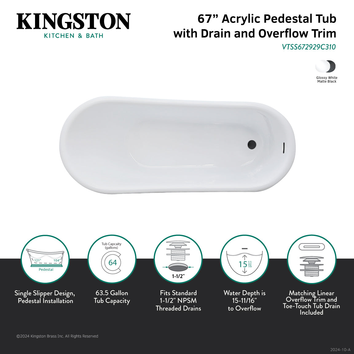 Aqua Eden 67-Inch Acrylic Oval Single Slipper Pedestal Bathtub - Glossy White/Matte Black - Freestanding Soaking Tub with Drain (No Faucet Holes) | Perfect for Luxury Bathrooms, Spa Retreats & Master Suite Relaxation