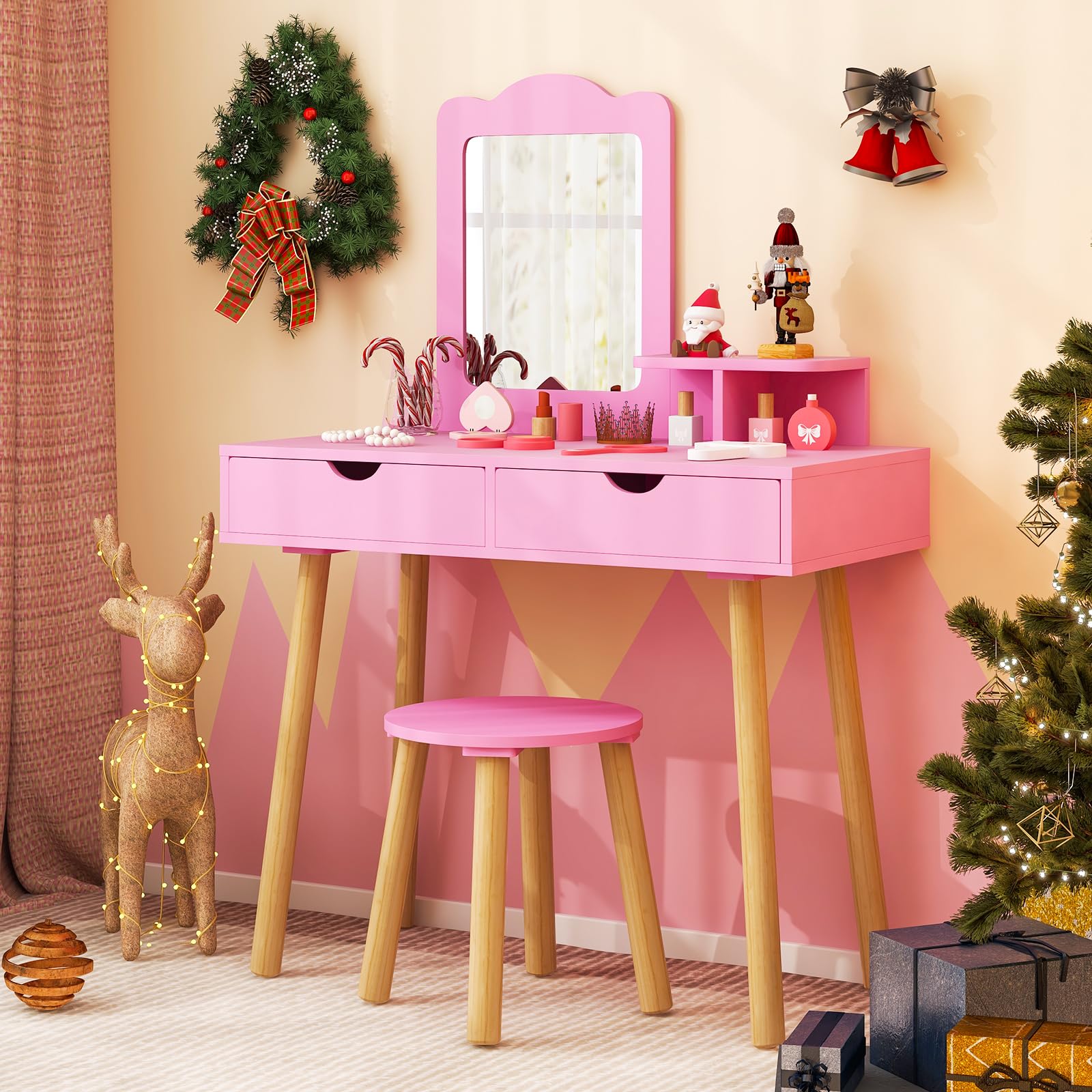 Olakids 2-in-1 Wooden Princess Vanity Set with Mirror & Storage - Kids Makeup Table & Chair, Toddler Dressing Desk Toy for Girls - Perfect for Pretend Play, Birthday Gifts & Bedroom Decor (Pink)