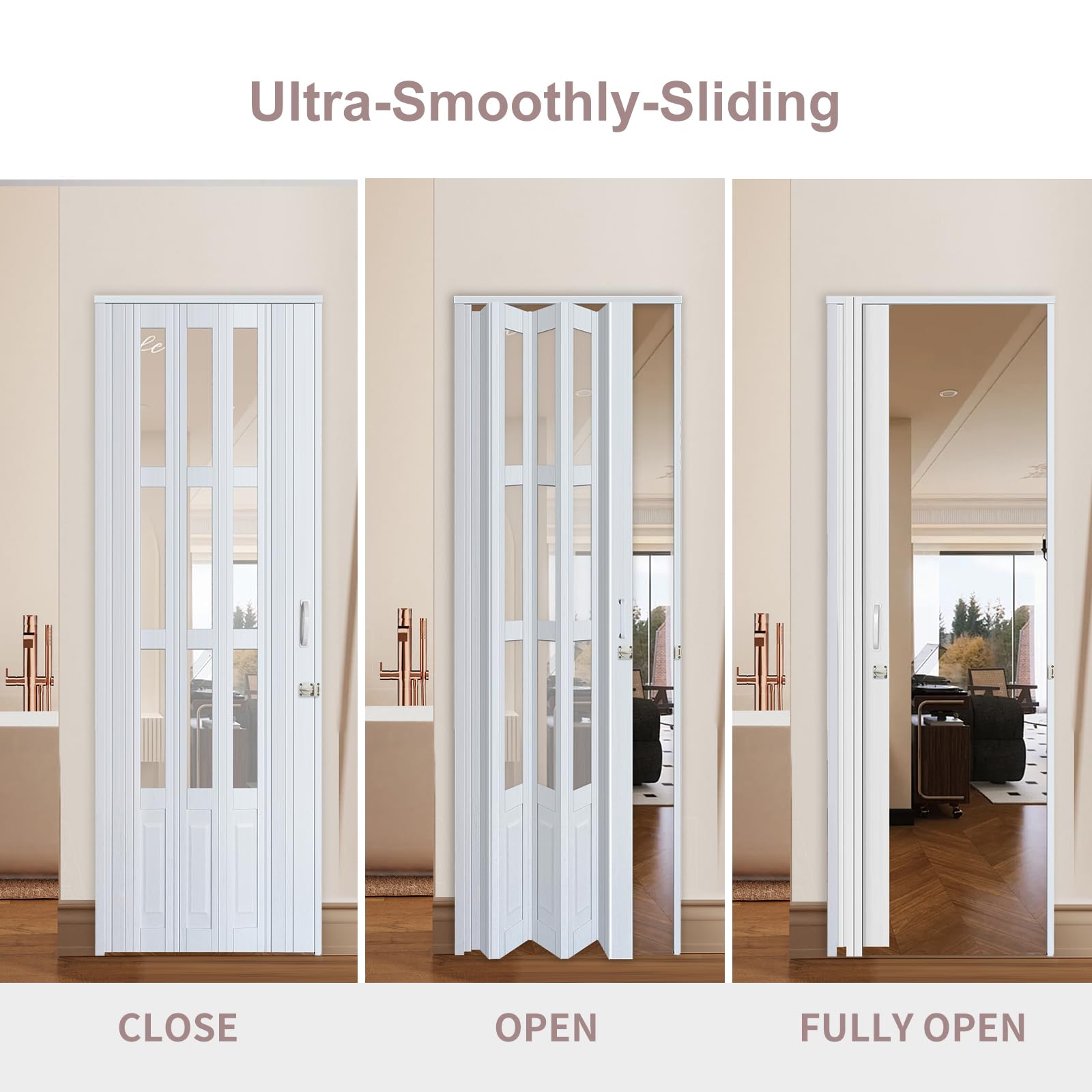 32x80 Inch White Accordion Folding Door with Clear Glass Panels - Interior Closet Door with Hardware & Lock Included - Perfect for Bedrooms, Walk-in Closets, and Room Dividers