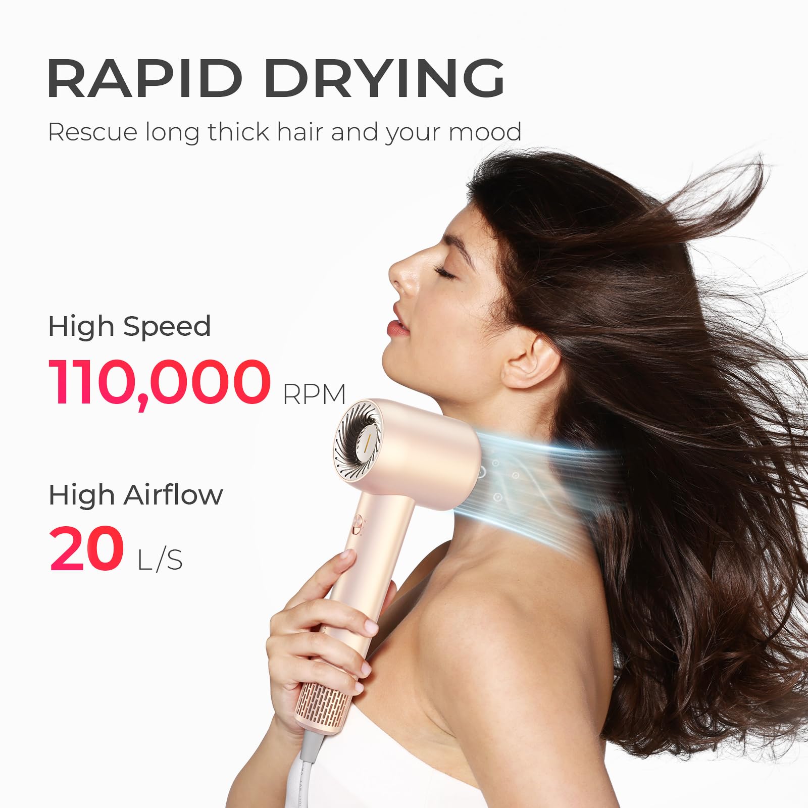 TYMO Ionic Hair Dryer for Women - High Speed Travel Blow Dryer with 400M Negative Ions, 5X Faster Drying & Zero Damage, Professional Portable Quiet Hairdryer, 4 Temperature & 2 Speed Settings, 110,000 RPM Motor (Gold Blush) - Perfect for Home, Salon, Travel & Gifting