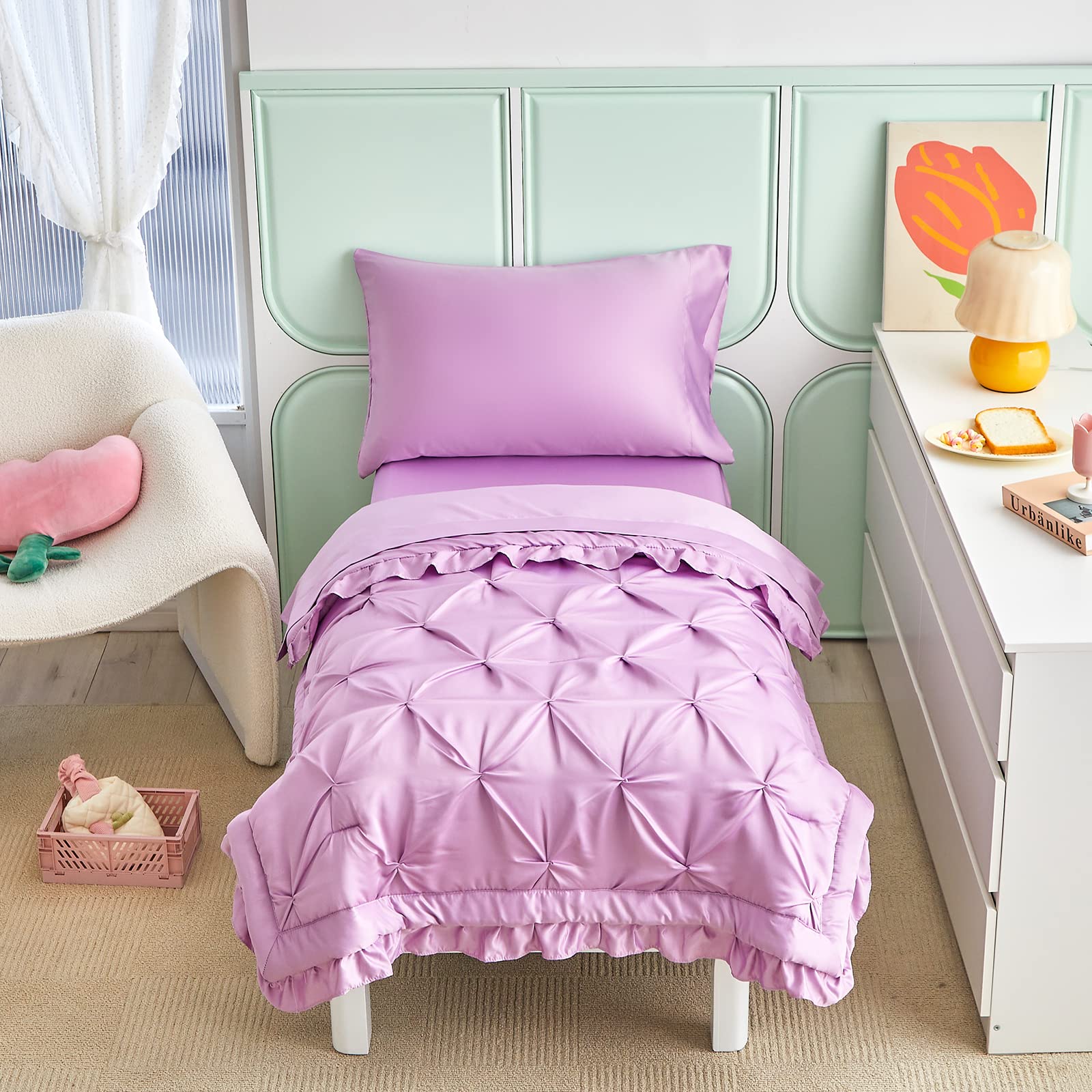 4-Piece Pinch Pleated Toddler Bedding Set with Ruffle Fringe - Solid Purple Unisex Pintuck Crib Sheets for Baby Boys & Girls (Comforter, Flat Sheet, Fitted Sheet, Pillowcase) - Soft Nursery Bedding for Cozy Sleep & Playtime