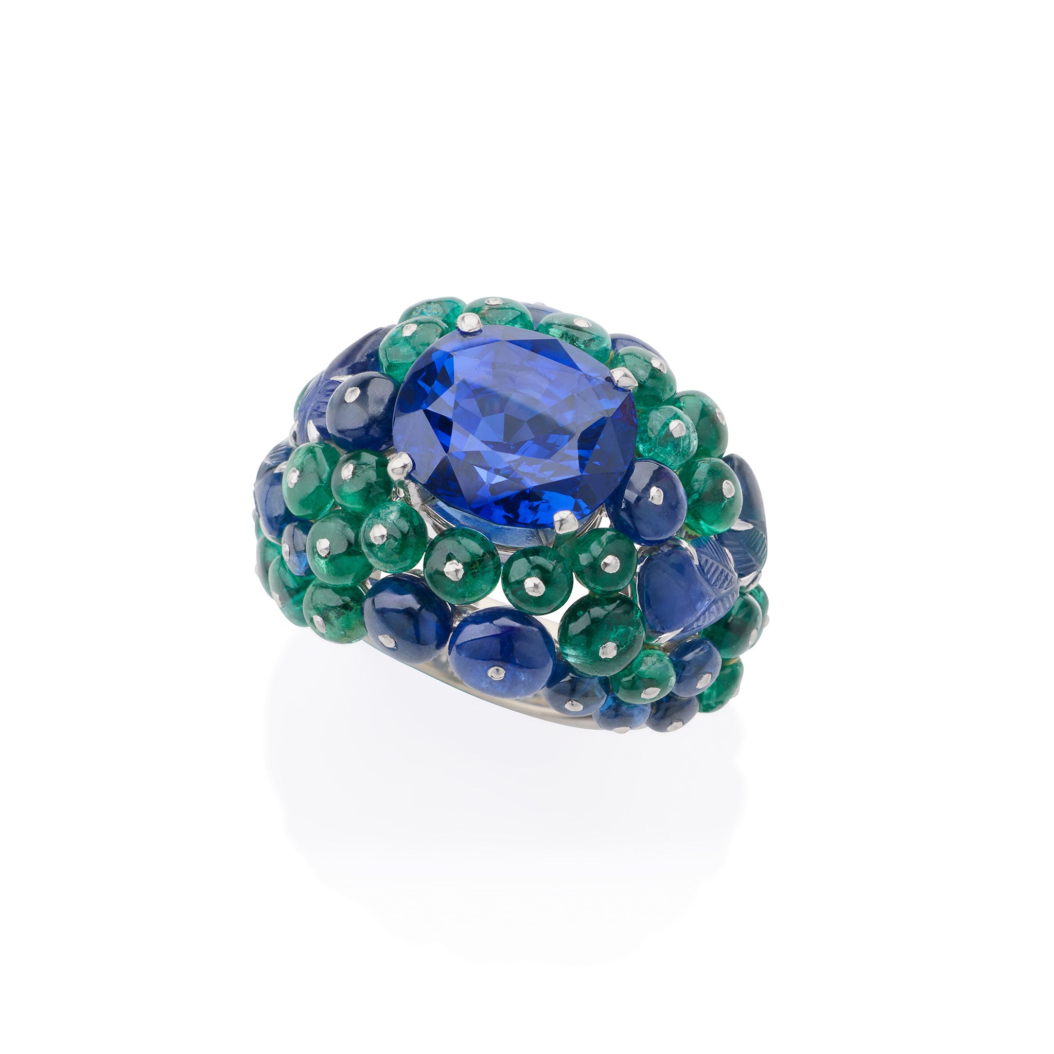 Cartier Paris Ceylon Sapphire & Emerald Boule Ring - 18K Gold Vintage Jewelry for Women, Luxury Statement Cocktail Ring for Parties, Weddings & Special Occasions