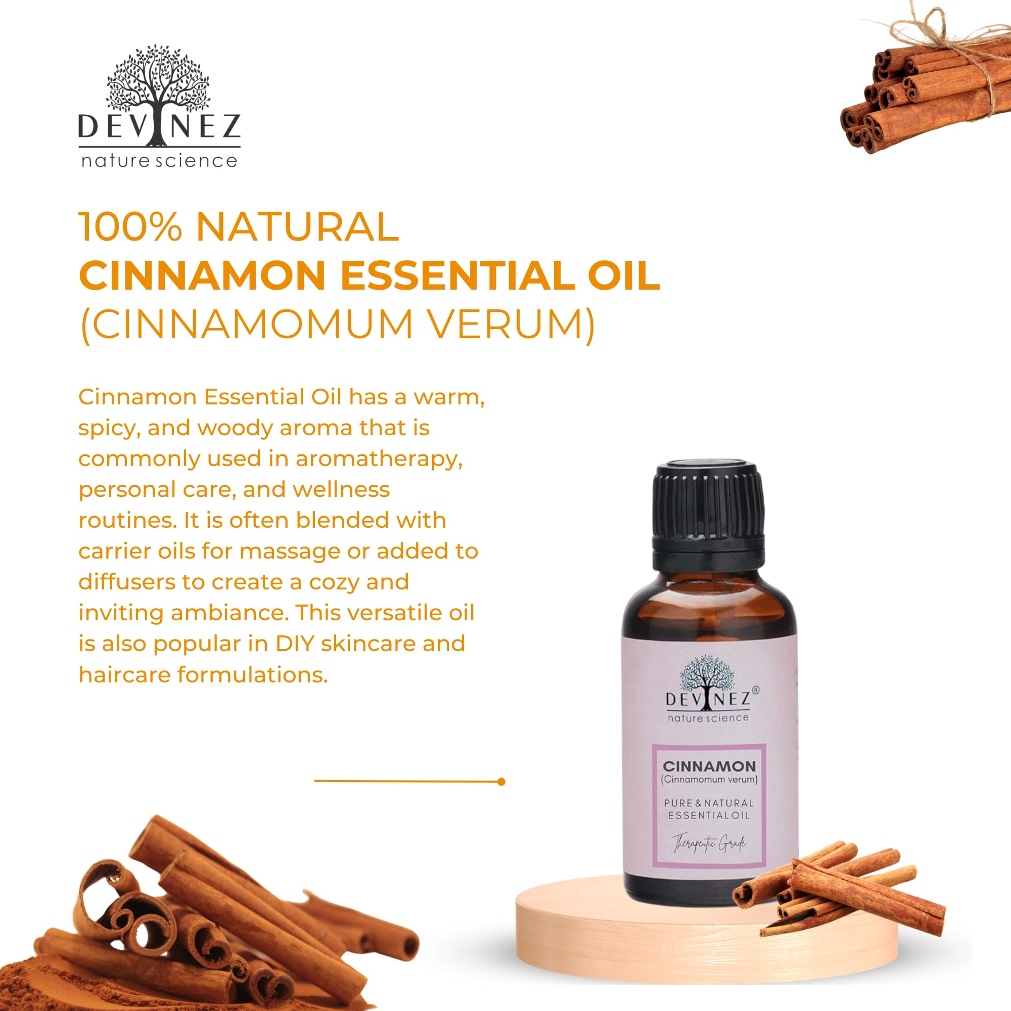 100% Pure Cinnamon Essential Oil - Natural Undiluted Therapeutic Grade for Aromatherapy, Massage & Hair Care | 50ml Glass Bottle | Reduces Tension, Anti-Inflammatory Properties | Perfect for DIY Skincare, Air Fresheners & Hair Growth Treatments