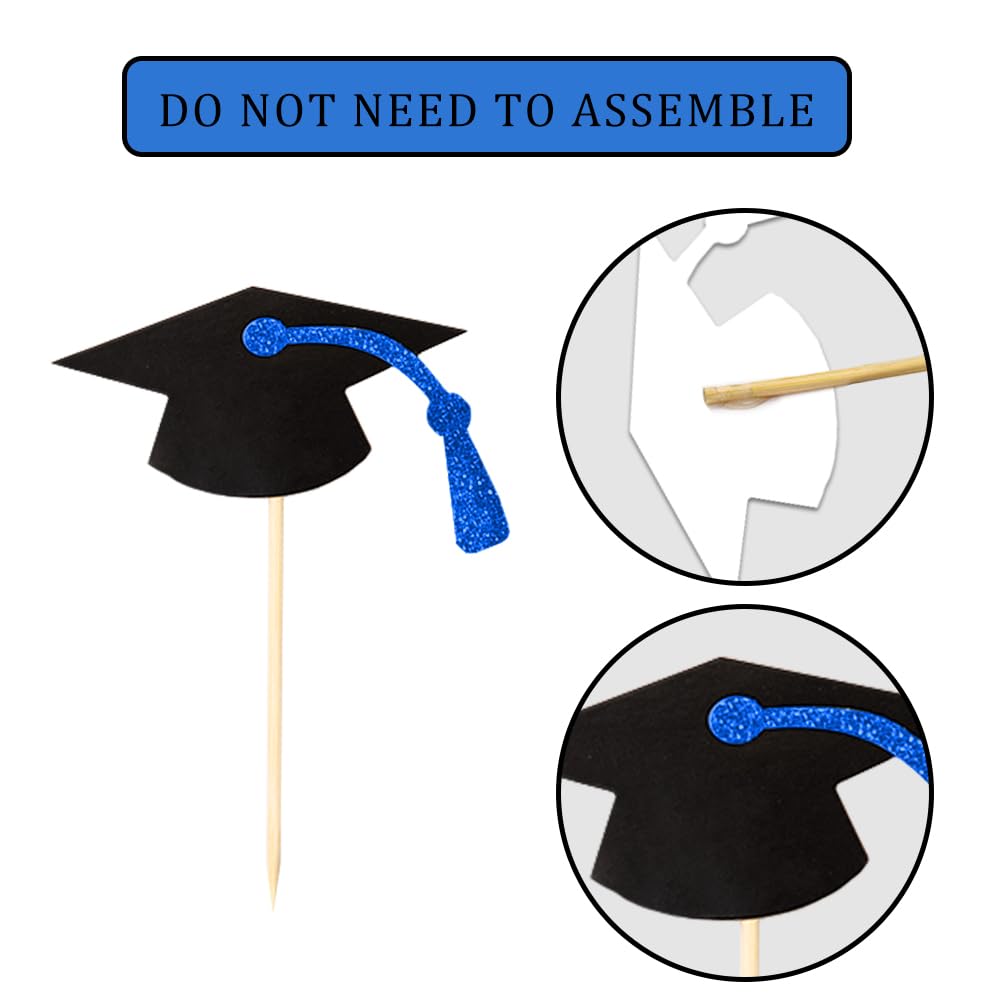 2025 Blue Glitter Graduation Cupcake Toppers - 24pcs Class of 2025 Party Supplies, Food & Appetizer Picks for Graduation Ceremony, Cake Decorations & Dessert Table Displays