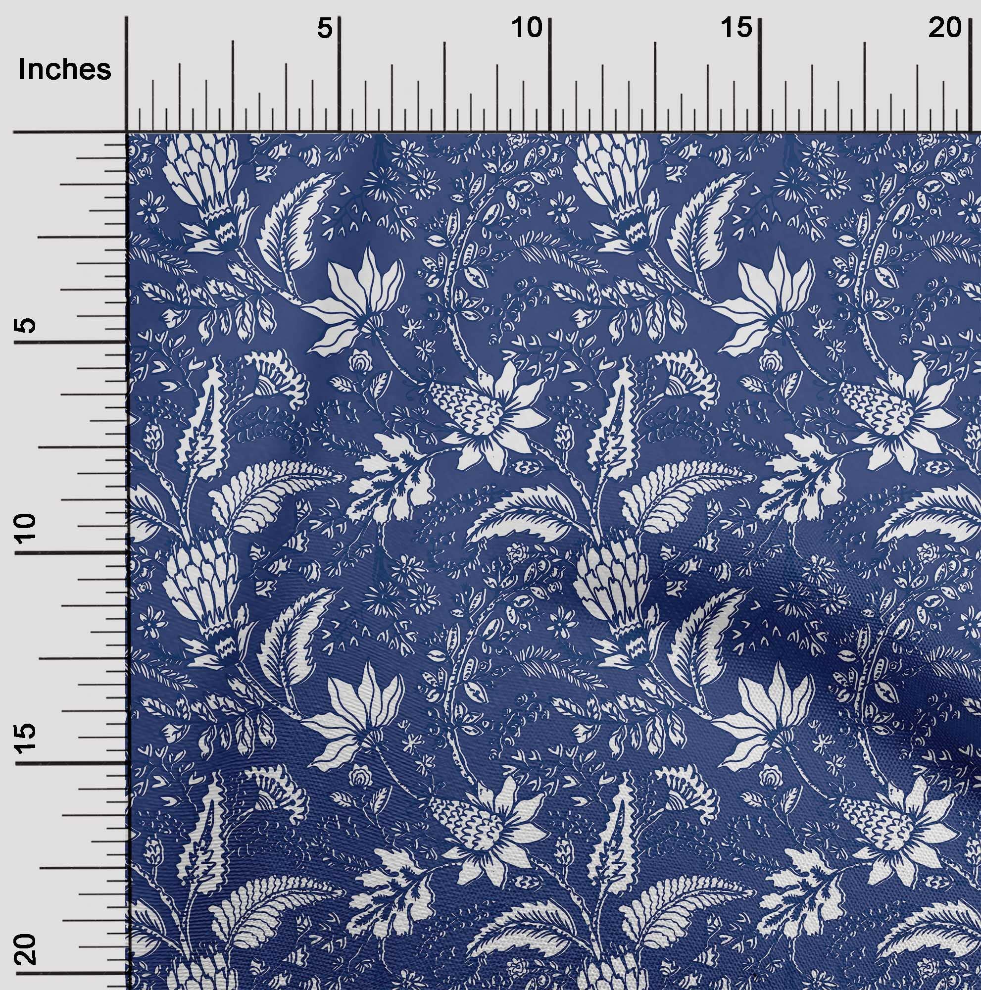 oneOone Polyester Spandex Dark Blue Jacobean Floral Printed Fabric - 56 Inch Wide Sewing Material for Dresses, Curtains & DIY Crafts | Premium Stretch Fabric by The Yard