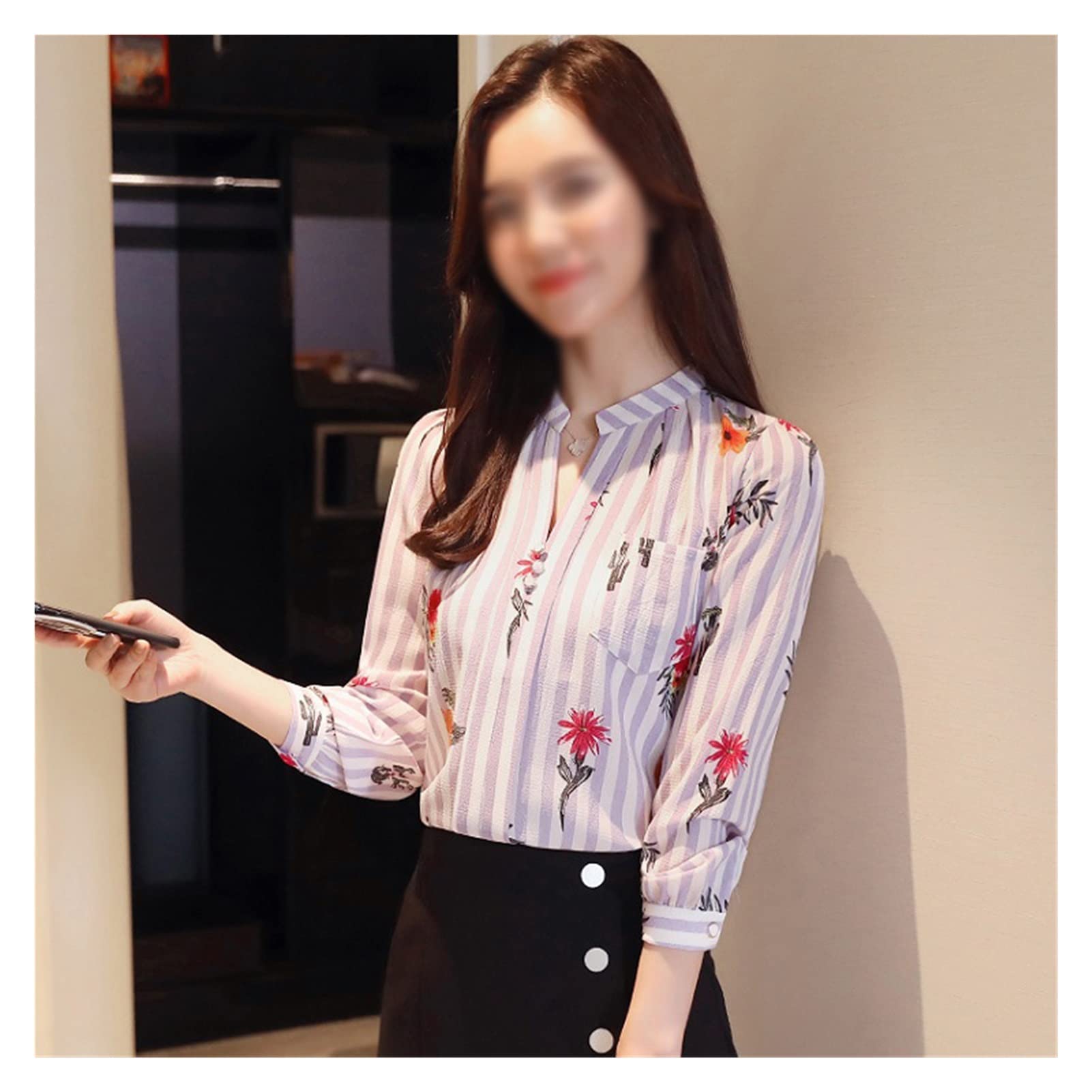 Elegant Women's V-Neck Printed Chiffon Blouse - Long Sleeve Office Shirt for Work & Business (Color A, Size S) | Perfect for Professional Meetings, Office Wear & Formal Occasions