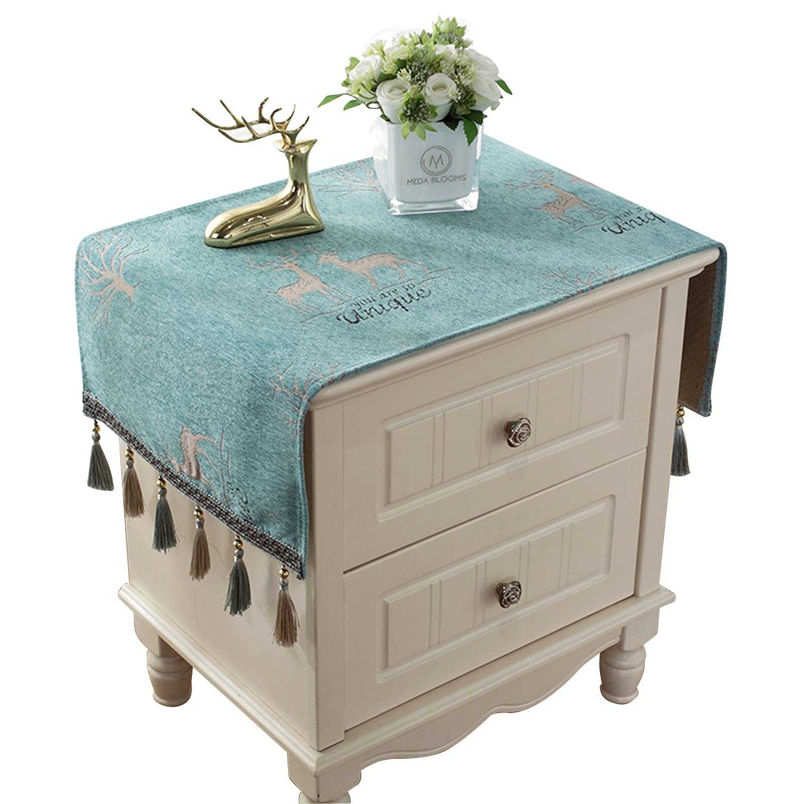 European Jacquard Bedside Tablecloth - 15.7 x 35.4 Inch Tassel Nightstand Runner with Deer Pattern, Dust Cover for Living Room & Bedroom Decor - Perfect for Vintage Home Styling and Gift Giving