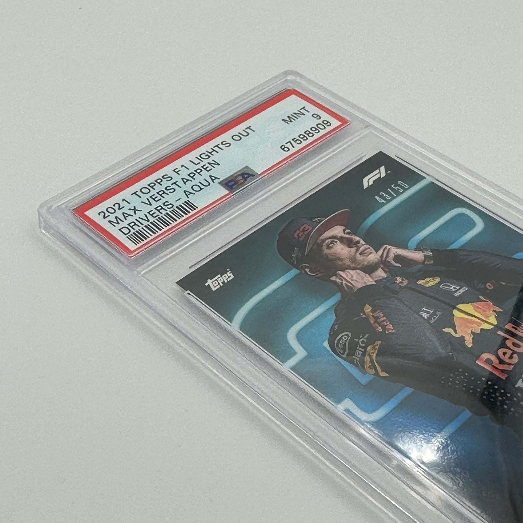 PSA 9 Graded 43/50 Max Verstappen 2021 Formula 1 Drivers Championship Aqua Parallel Trading Card - Perfect for Collectors, Racing Fans, and Investment Portfolios