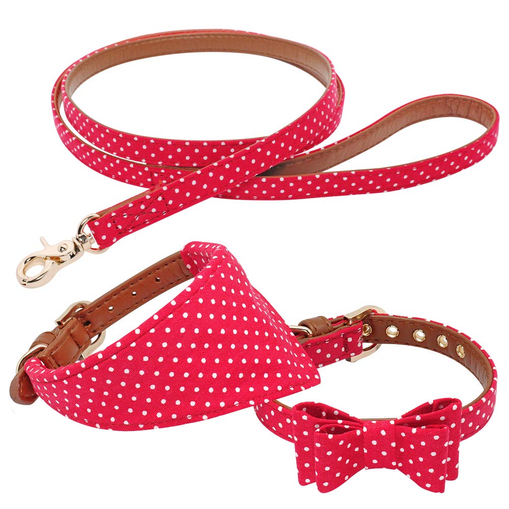 Cute Polka Dot Bowknot Leather Dog Collar and Leash Set for Small & Medium Dogs - Adjustable Pet Bandana Collar with Matching Leash for Walking, Training - Red Pet Supplies for Dogs & Cats (Perfect for Daily Walks, Pet Photos, Gifts)
