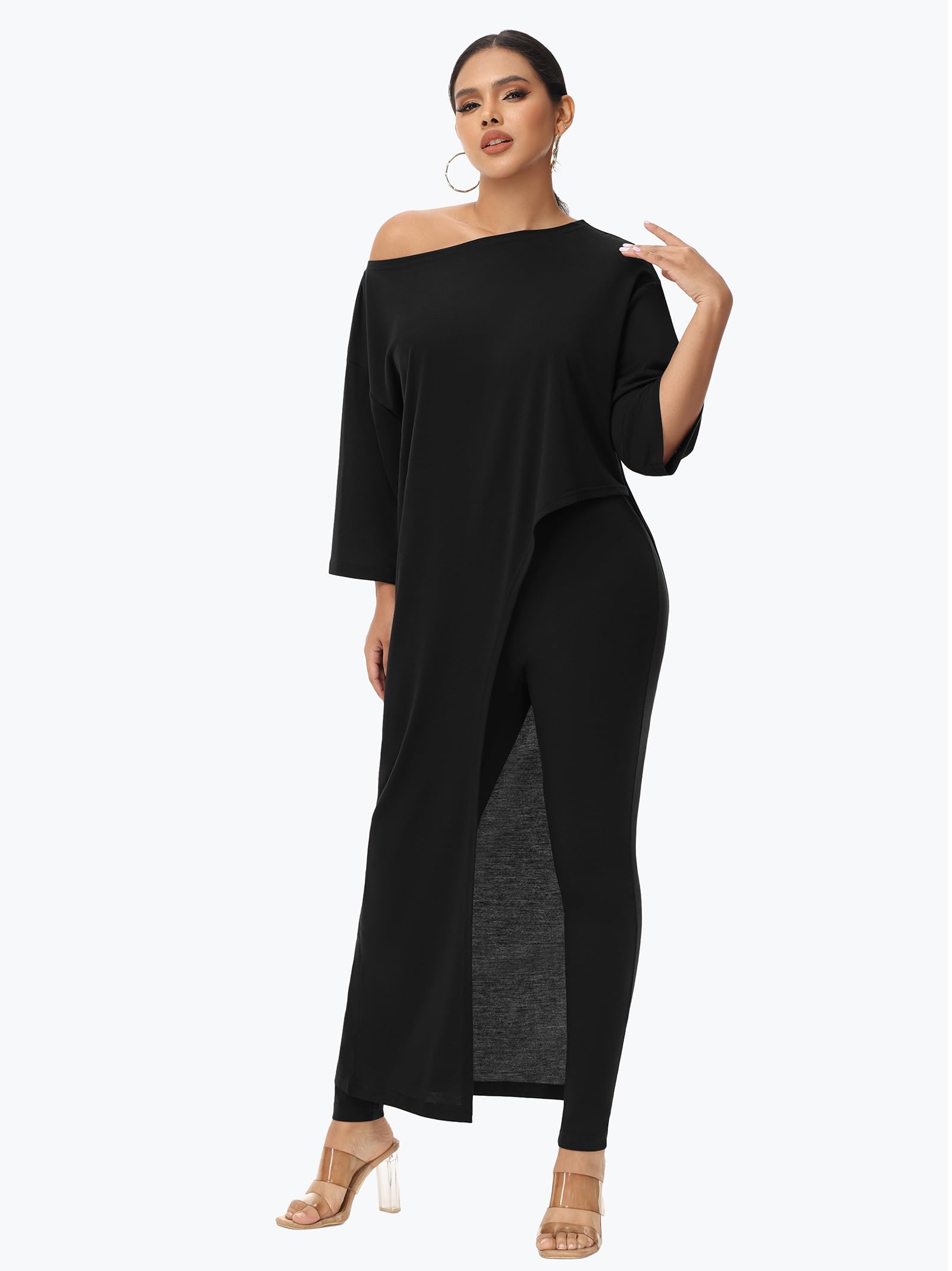 Ekaliy Women's Two Piece Outfit - Off Shoulder Asymmetrical Top with 3/4 Sleeves & Skinny Leggings - Matching Casual Set for Summer, Date Night, and Vacation Wear