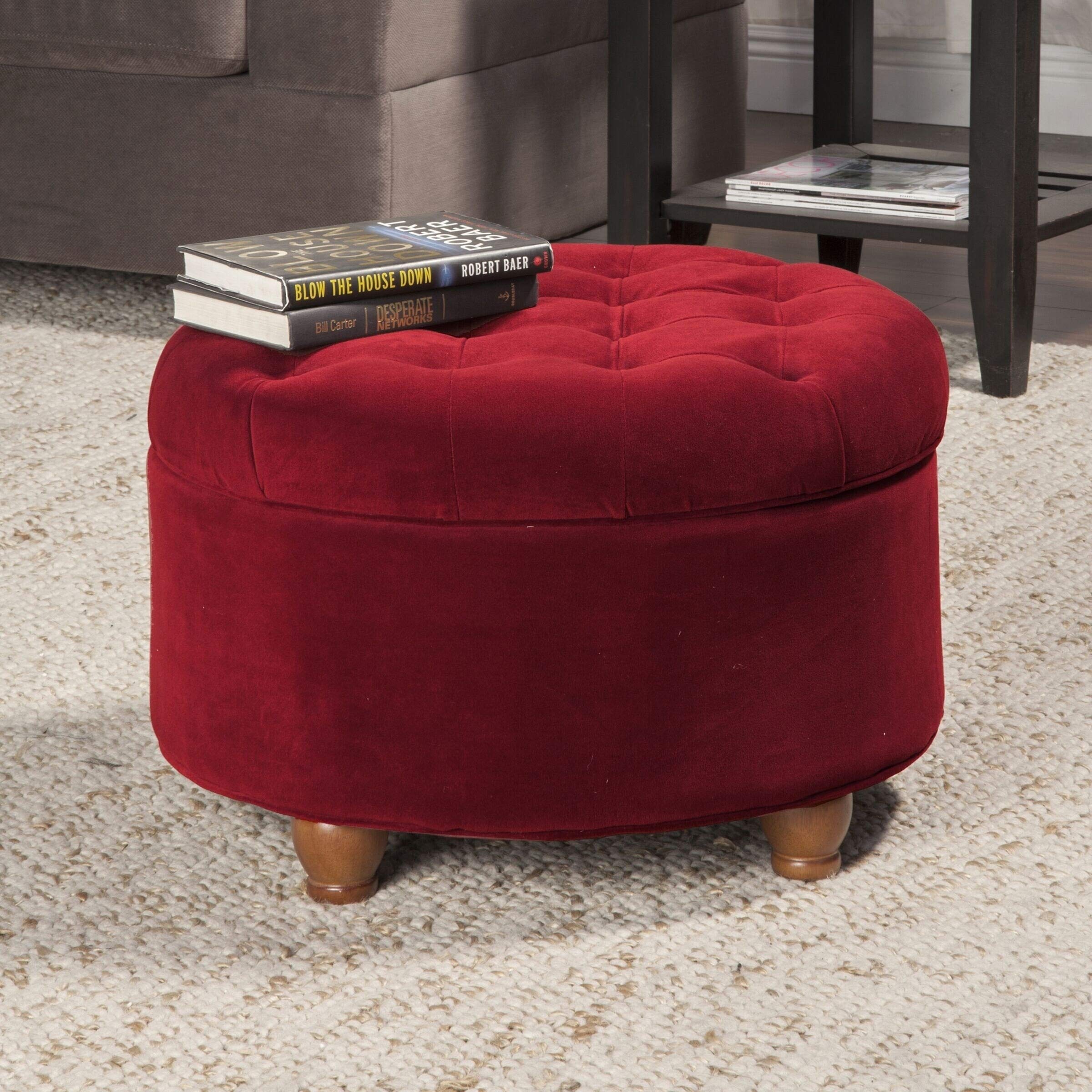 Luxury Red Velvet Button Tufted Round Storage Ottoman with Solid Wood Base - Perfect for Living Room, Bedroom & Home Decor