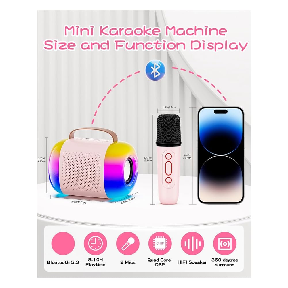 Portable Bluetooth Karaoke Machine with 2 Wireless Mics & LED Lights - Mini Speaker for Kids & Adults - Perfect for Home Parties, Travel & Outdoor Singing Fun