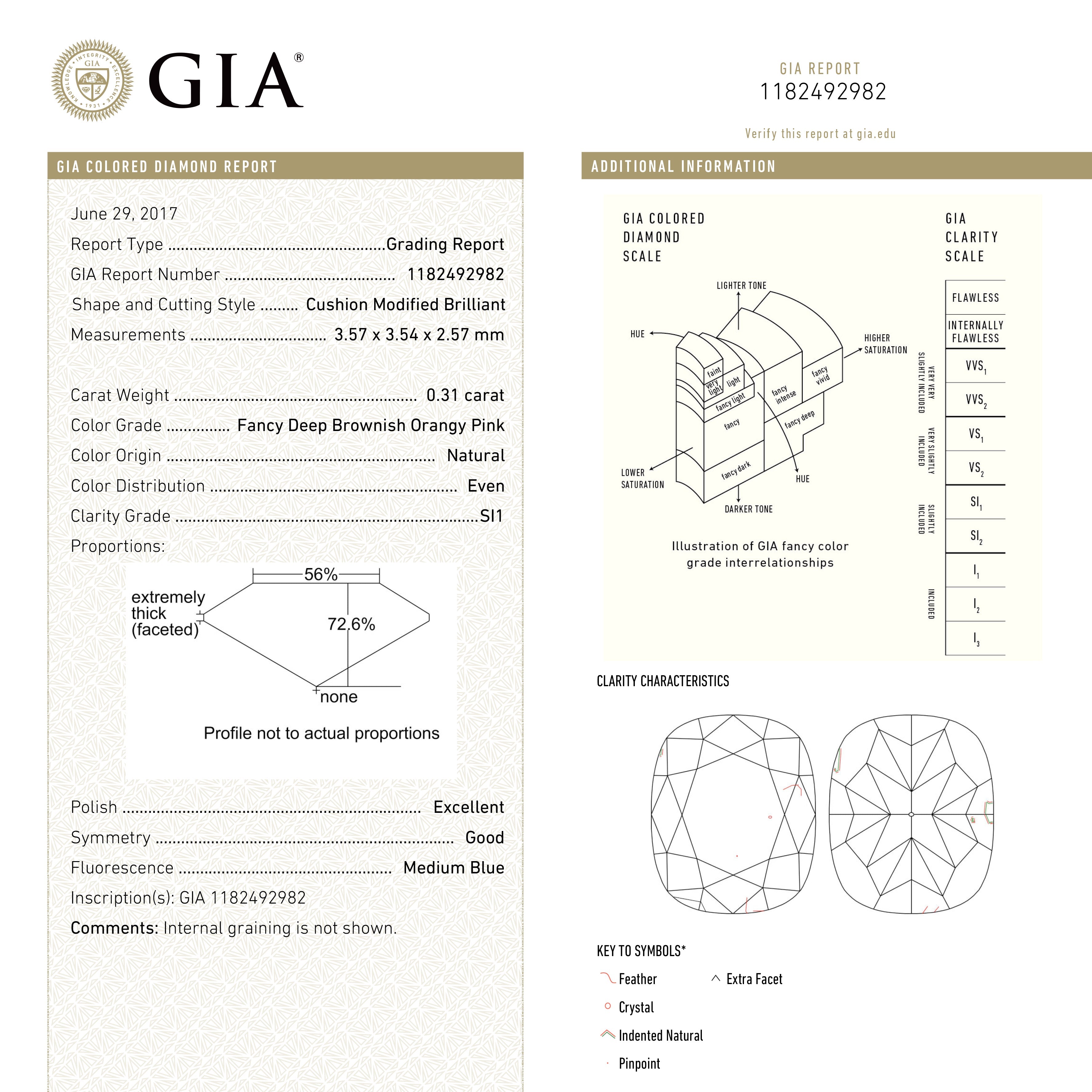 0.31ct GIA Certified Fancy Deep Brownish Orangy Pink Cushion Cut Diamond - 3.57x3.54x2.57mm SI1 Clarity | Engagement Ring, Wedding Jewelry, Anniversary Gift