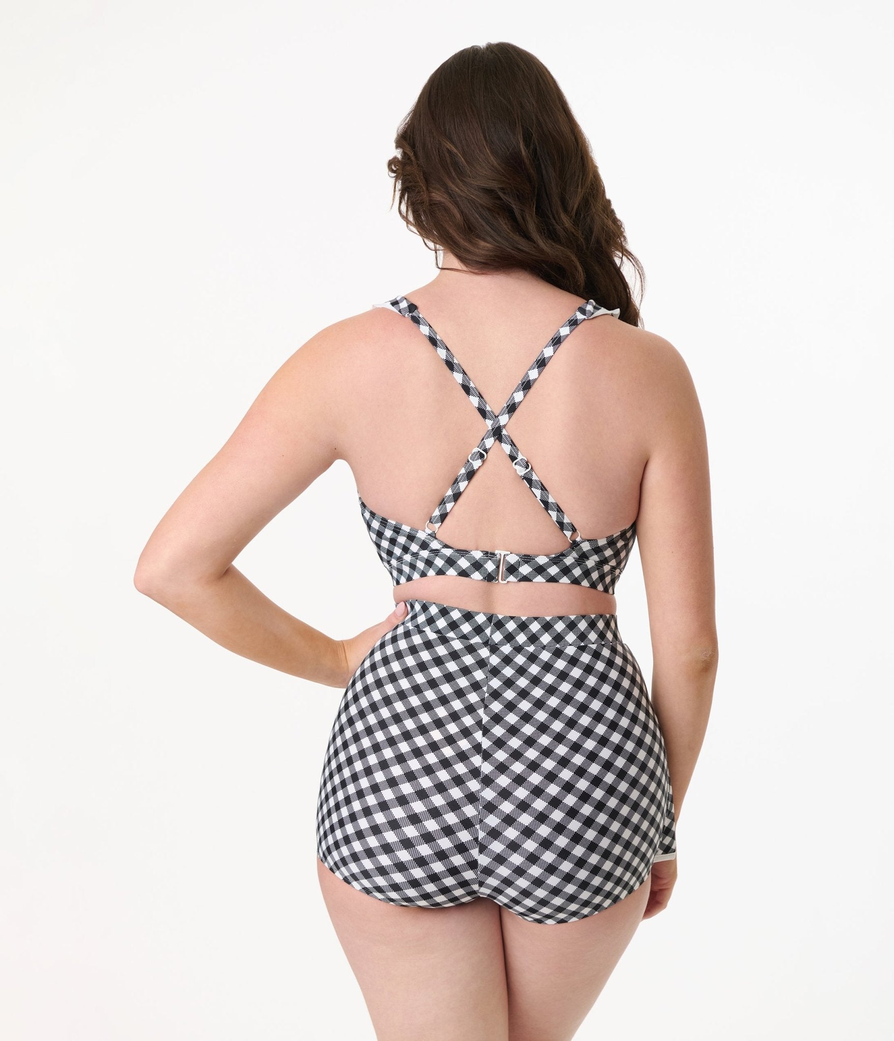 Vintage Black & White Gingham Halter Swim Top for Women - Retro High Neck Bikini Top - Perfect for Beach Vacations, Pool Parties & Summer Fashion