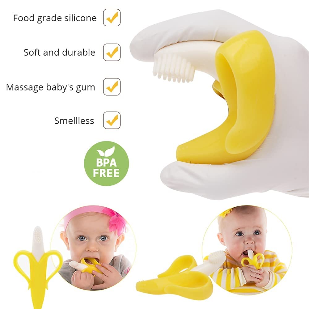 Syga Baby Banana Training Toothbrush and Teether - Soft Silicone Infant Toothbrush for Teething Babies (Yellow) | Perfect for Soothing Sore Gums & Early Dental Care
