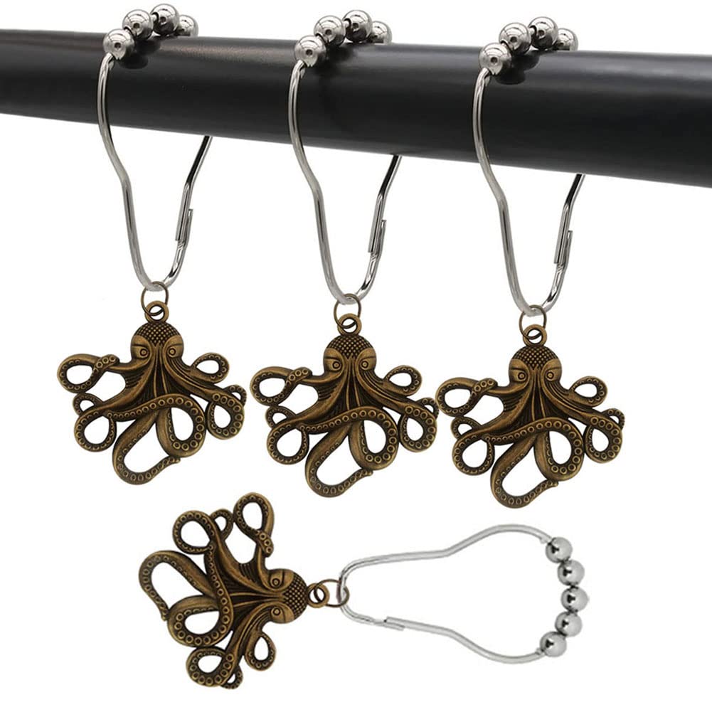 Brandname Decorative Octopus Shower Curtain Hooks - 12 Pack Rustproof Stainless Steel Nickel Bathroom Curtain Rings with Sea Creature Design for Coastal, Nautical or Kids Bathroom Decor (Bronze) | Perfect for Beach House, Ocean Theme or Underwater Decorated Bathrooms