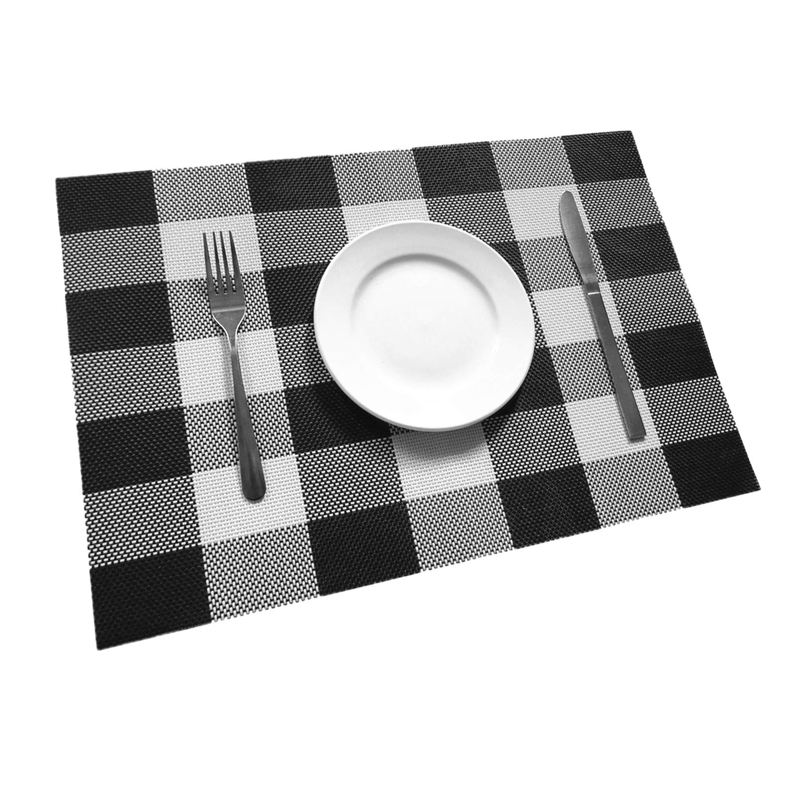 Ukeler 4-Pack Buffalo Check Plaid Placemats - Woven PVC Non-Slip Washable Vinyl Table Mats for Kitchen & Dining Room - Black and White Classic Design - Perfect for Holiday Dinners, Family Gatherings & Everyday Use