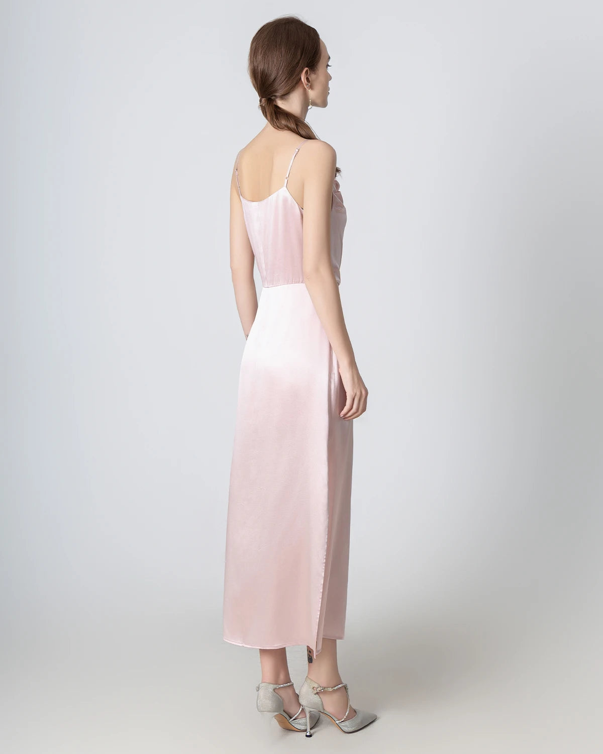 Elegant Pleated Cowl Neck Slit Maxi Silk Dress for Women - Perfect for Weddings, Parties & Evening Events