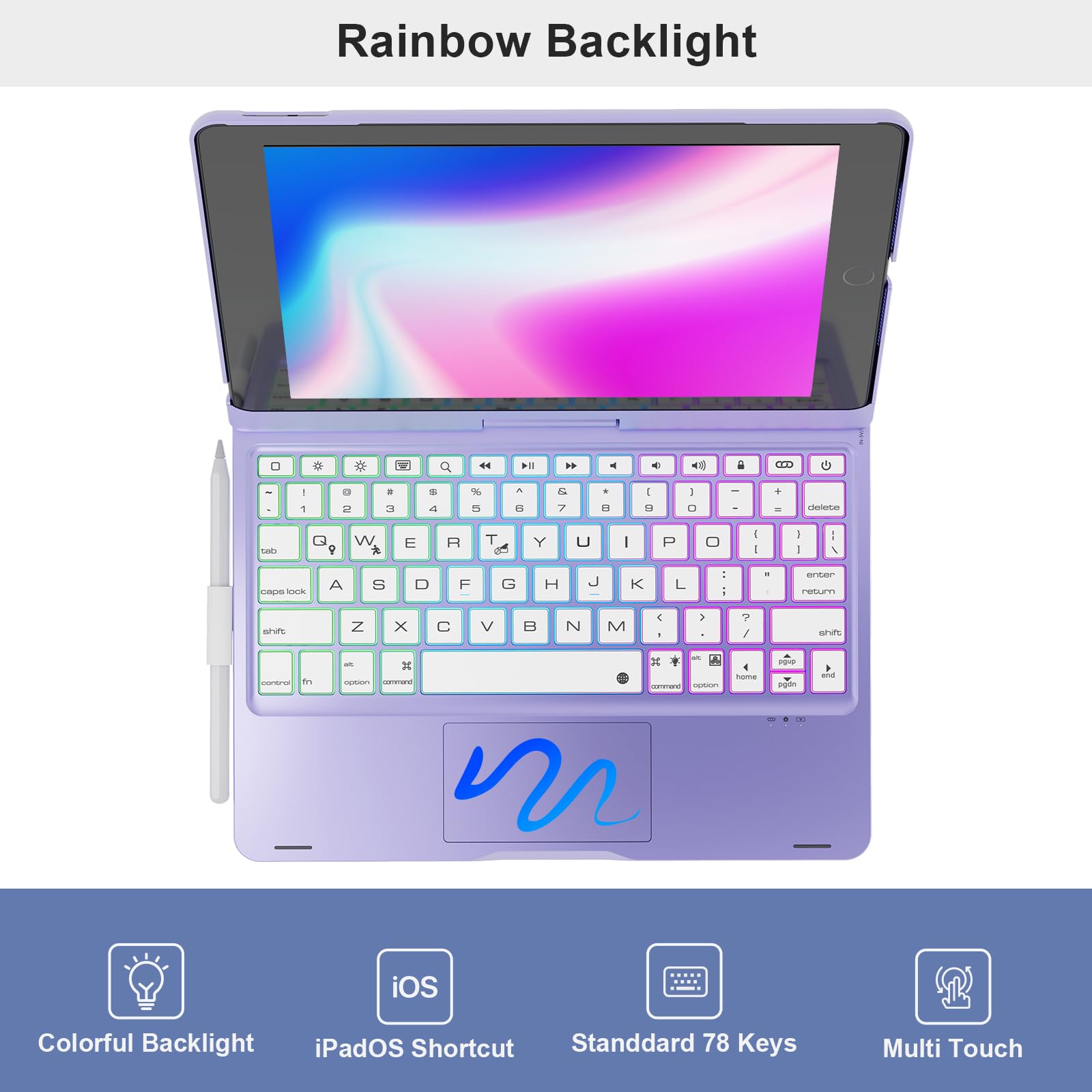 NOKBABO iPad 9th/8th/7th Generation Case with Bluetooth Keyboard - 360° Rotatable Stand, 7-Color Backlit Touchpad & Apple Pencil Holder | Compatible with iPad 10.2 inch & iPad Air 3rd Gen/iPad Pro 10.5 inch | Metallic Purple | Perfect for Work, Study & Entertainment