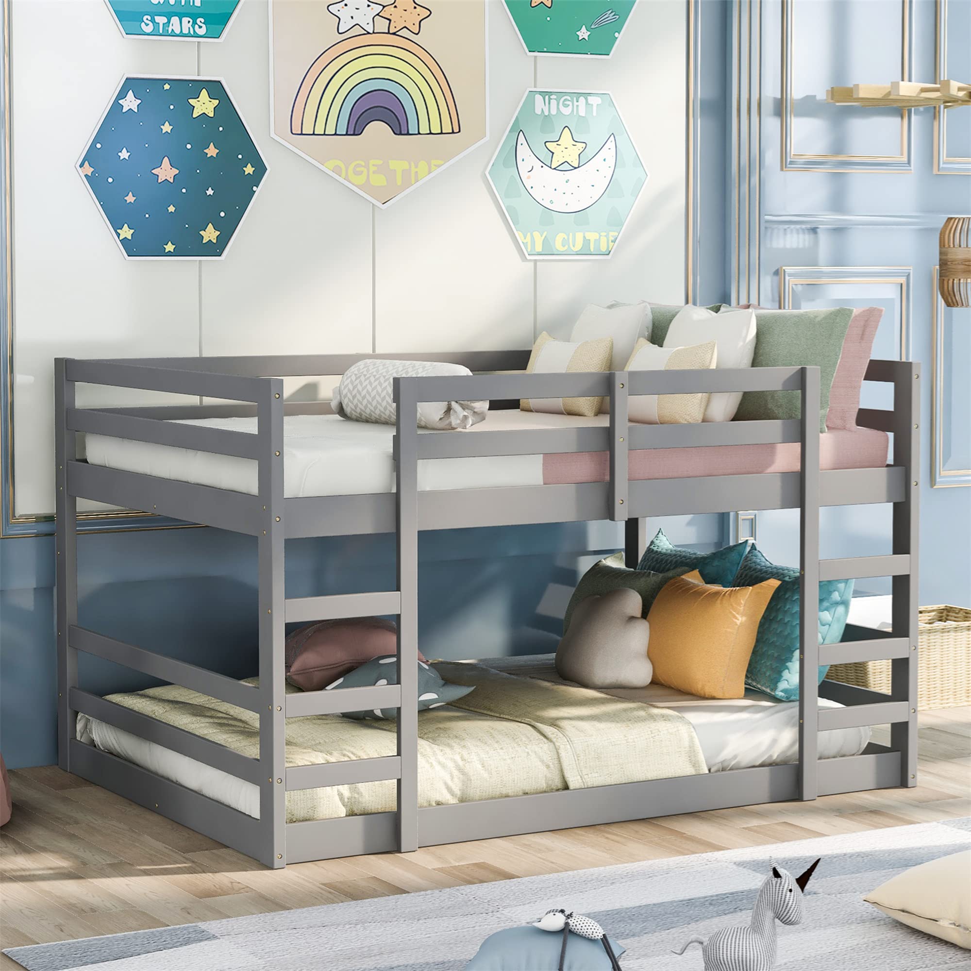 **CITYLIGHT Low Bunk Beds Full Over Full, Sturdy Wooden Bunk Bed for Kids & Teens, Twin Bunk Bed with 2 Ladders for Boys & Girls Bedroom, Dormitory, Space-Saving (Full Size, Grey) – Perfect for Small Rooms, Shared Kids' Bedrooms & College Dorms**