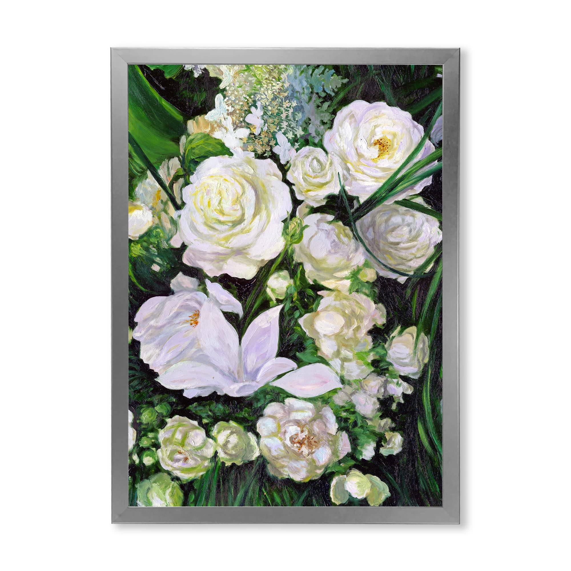 DesignQ Framed Wall Art - Elegant White Rose Bouquet Painting for Home & Office Decor | Perfect for Living Room, Bedroom, or Gift