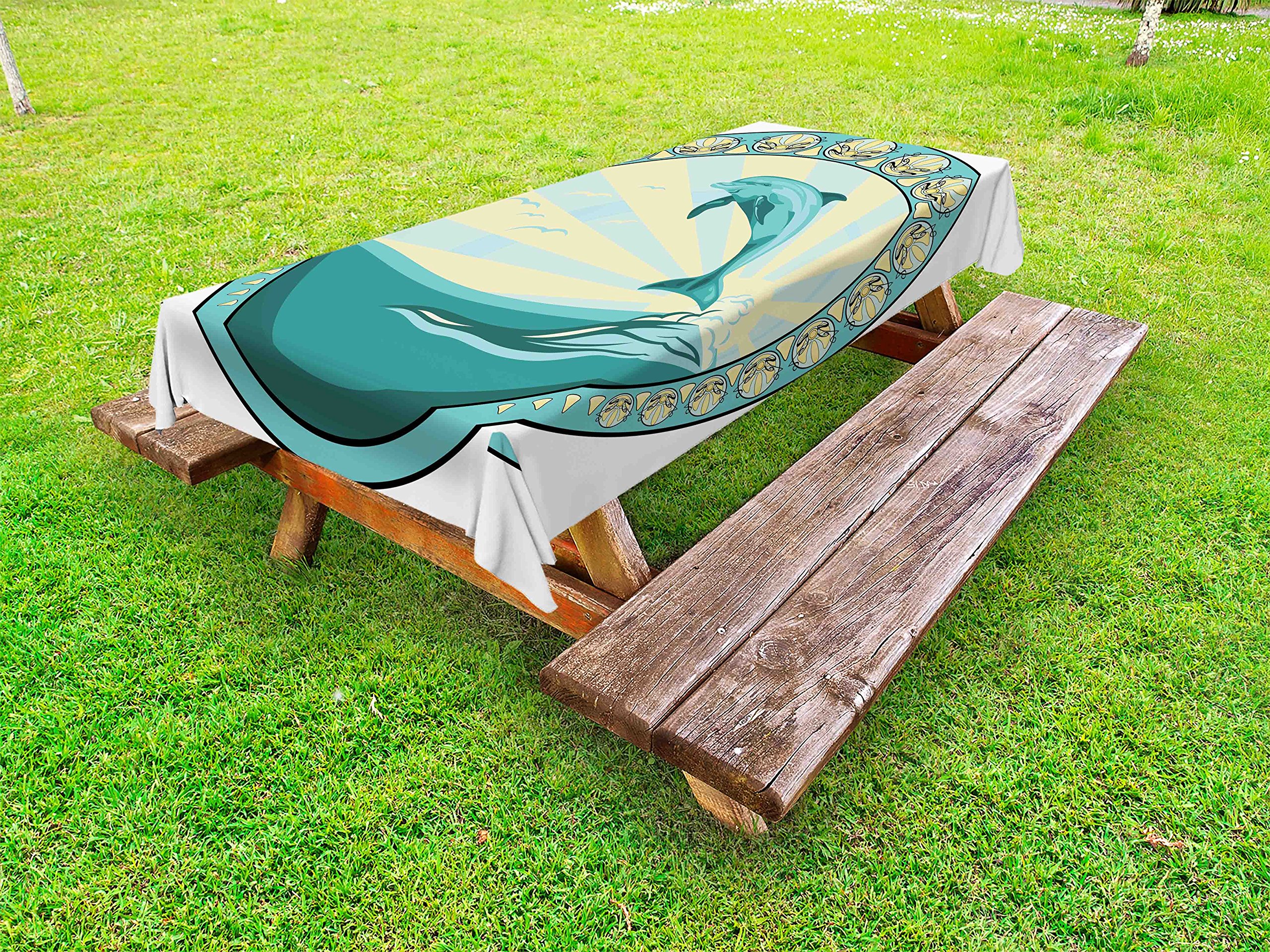 Ambesonne Waterproof Outdoor Tablecloth - Dolphin Design with Sun & Ocean Theme, 58