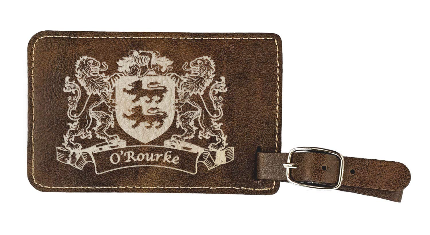 O'Rourke Irish Coat of Arms Leather Luggage Tags (Set of 2) - Rustic Travel Accessories for Suitcases, Duffel Bags & Backpacks - Perfect for Irish Heritage Travel & Gift Giving