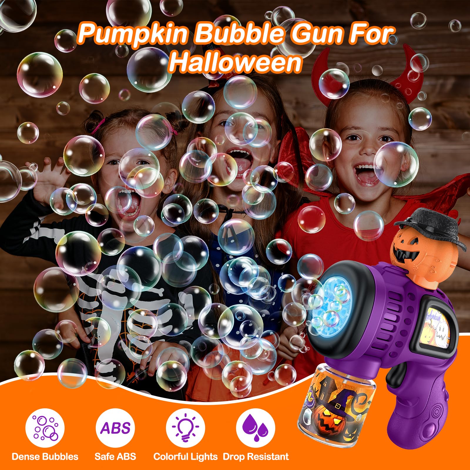 Fansteck Halloween Bubble Gun for Kids - 10 Hole Pumpkin Bubble Blower with LED Lights, Automatic Bubble Machine Toy for Toddlers | Perfect for Halloween Parties, Outdoor Play, Birthday Favors & Backyard Fun