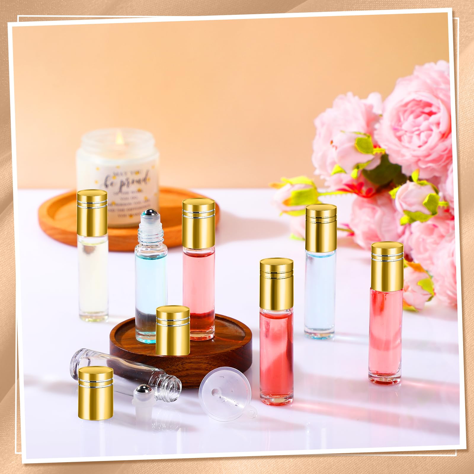 Sumind 250 Pcs 10ml Empty Essential Oil Roller Bottles with Stainless Steel Balls - Leakproof Glass Roll On Bottles with 5 Funnels for DIY Perfume, Aromatherapy, Travel & Gift Making (Clear with Gold Cap) - Perfect for Home Spa, Yoga Relaxation and On-the-Go Aromatherapy