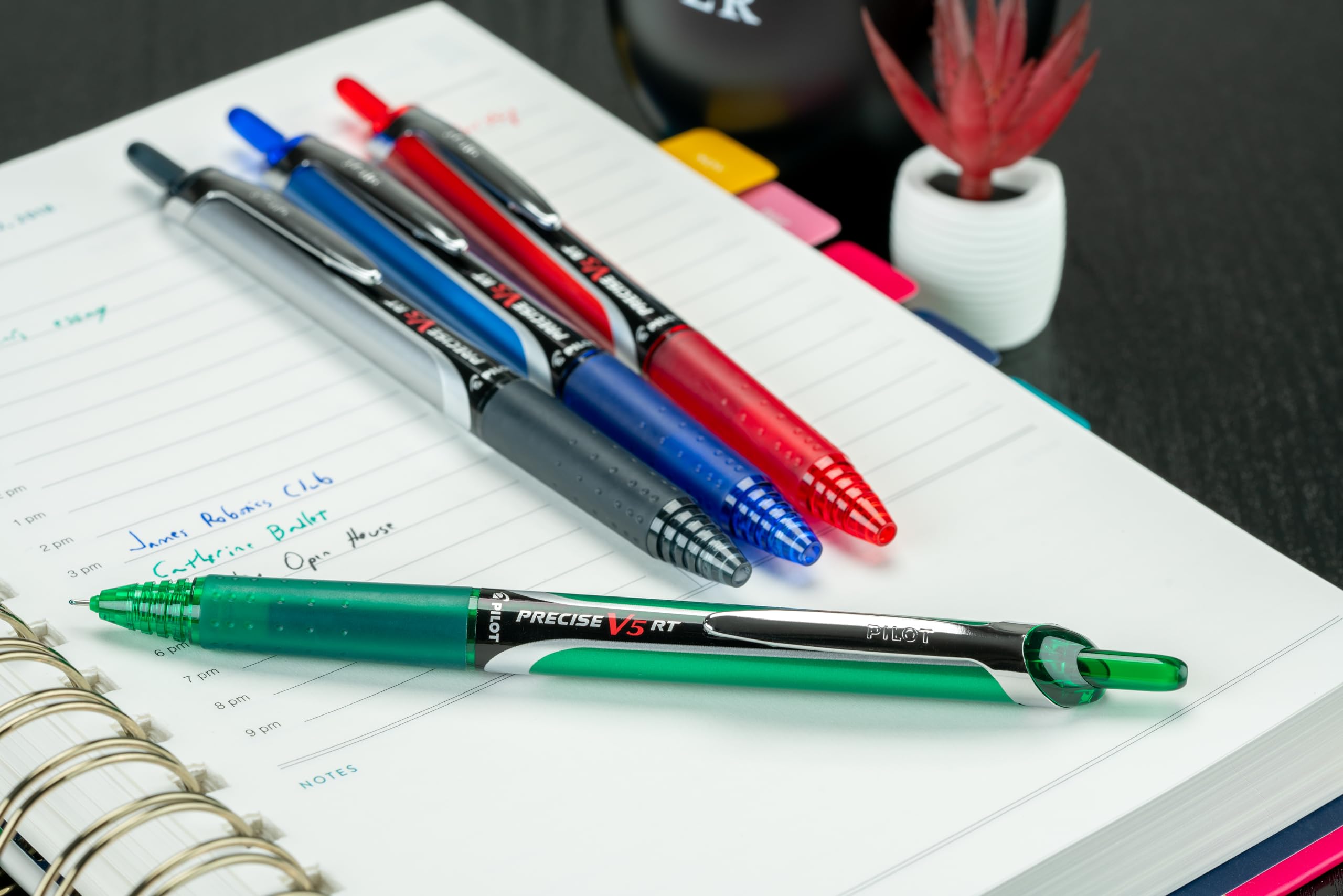 Pilot Precise V5 RT Refillable Retractable Rolling Ball Pens - Extra Fine 0.5mm Tip - Black Blue Green Red Ink - 4 Pack - Perfect for Office Work, Note Taking & Journaling