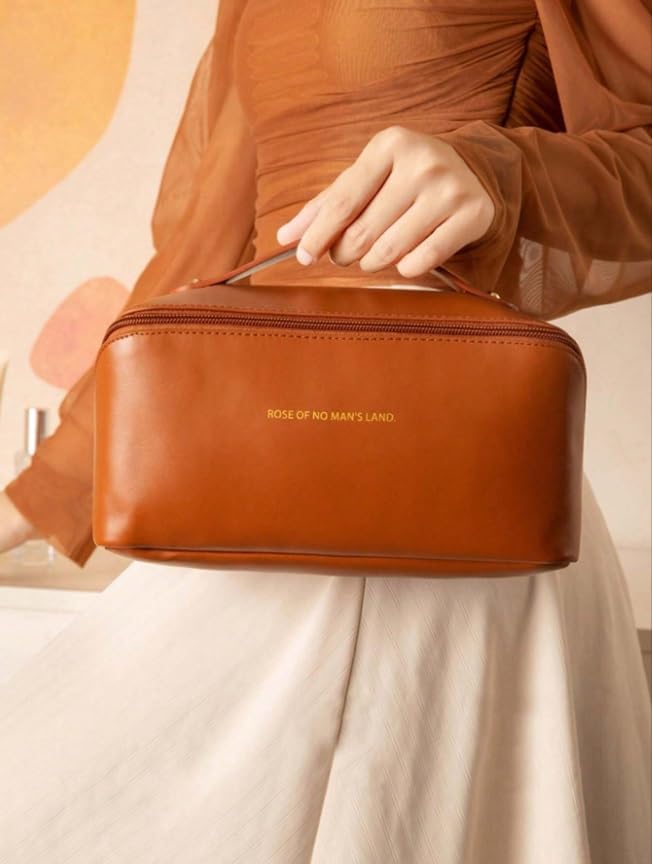 JRM Women’s Large Waterproof Leather Cosmetic Travel Bag - Spacious Makeup Organizer with Wide Opening, Dividers & Handle (Cross Open, Brown) | Perfect for Travel, Gym & Daily Makeup Storage