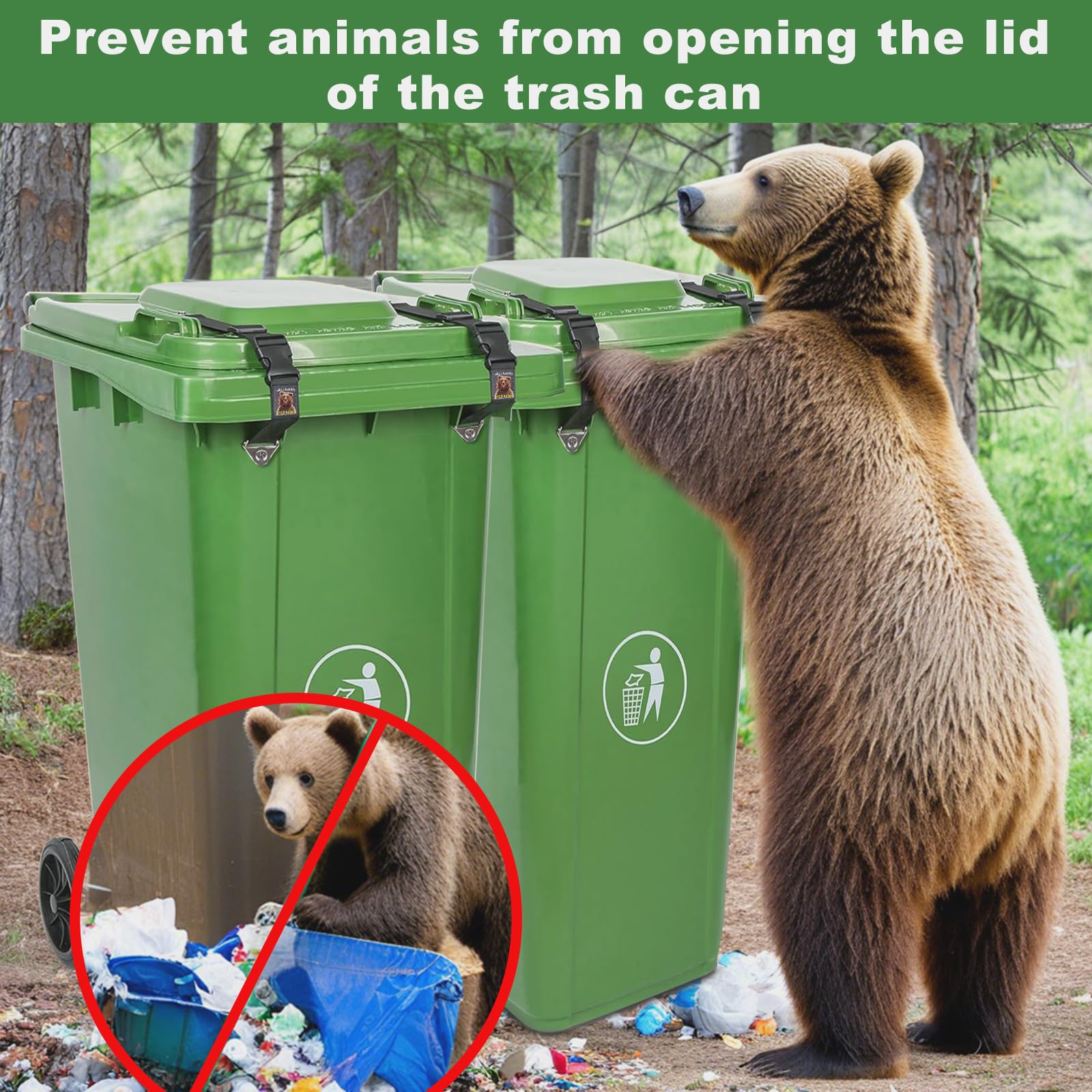 Bear Proof Trash Can Locks - Durable Adjustable Animal Proof Garbage Bin Lid Lock with Stretchable Elastic Strap (2 Pack) - Keep Raccoons & Pets Out of Outdoor/Indoor Trash Cans