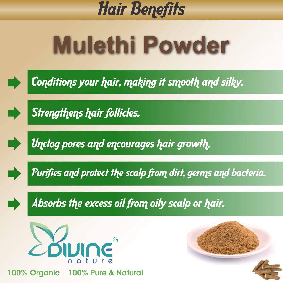 Divine Nature Pure Natural Mulethi Powder (Licorice Root Powder) - 100g | For Skin Whitening, Face Glow, Hair Growth & Body Care | Ayurvedic Yashimadhu Powder for Brightening, Acne Treatment & Healthy Scalp | Perfect for DIY Beauty Masks, Herbal Remedies & Holistic Wellness