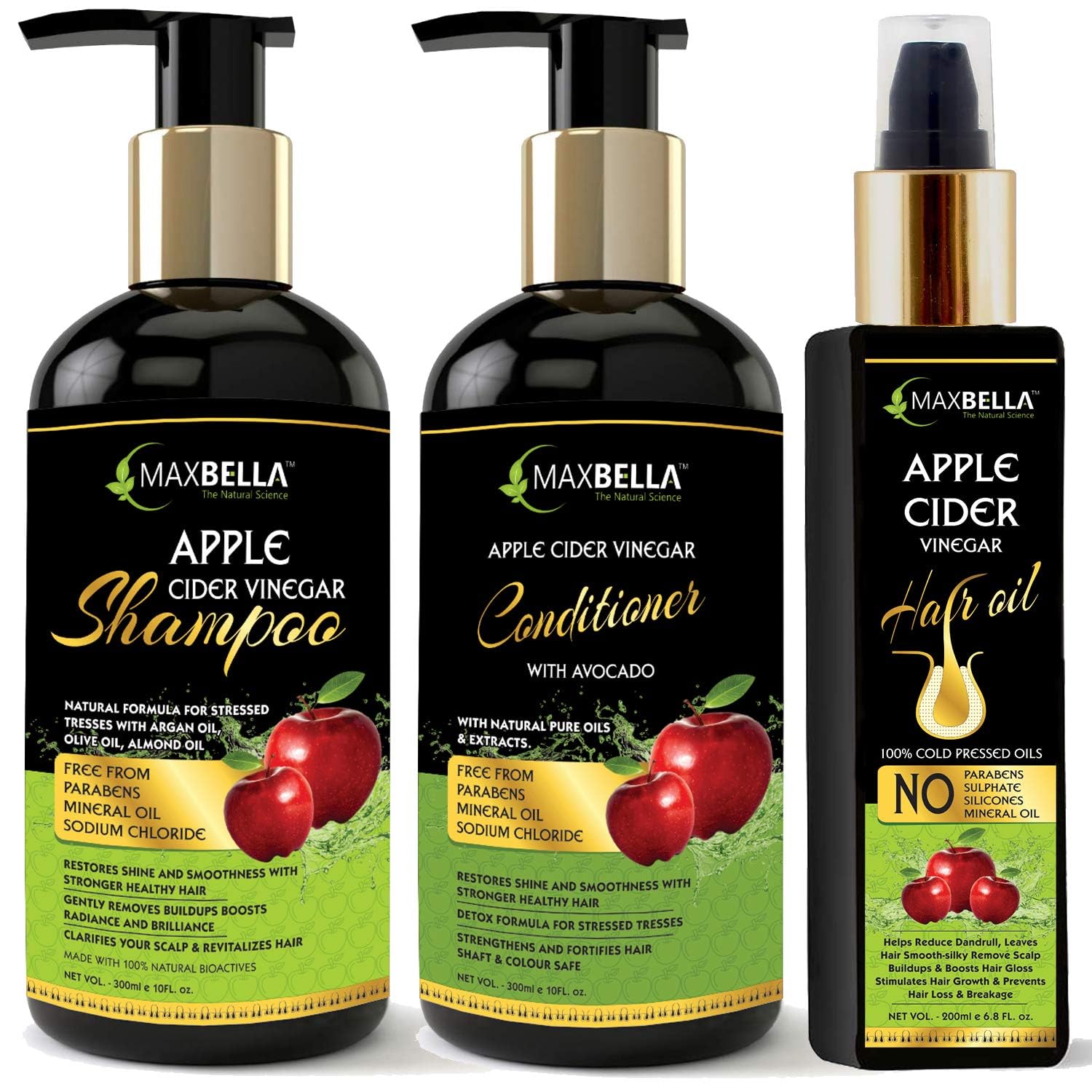 Organic Apple Cider Vinegar Hair Care Set - 300ml Shampoo, 300ml Conditioner & 200ml Hair Oil - Paraben & Mineral Oil Free for Men & Women - Deep Cleansing & Nourishing for Healthy Hair Growth - Perfect for Daily Hair Care Routine & Scalp Treatment
