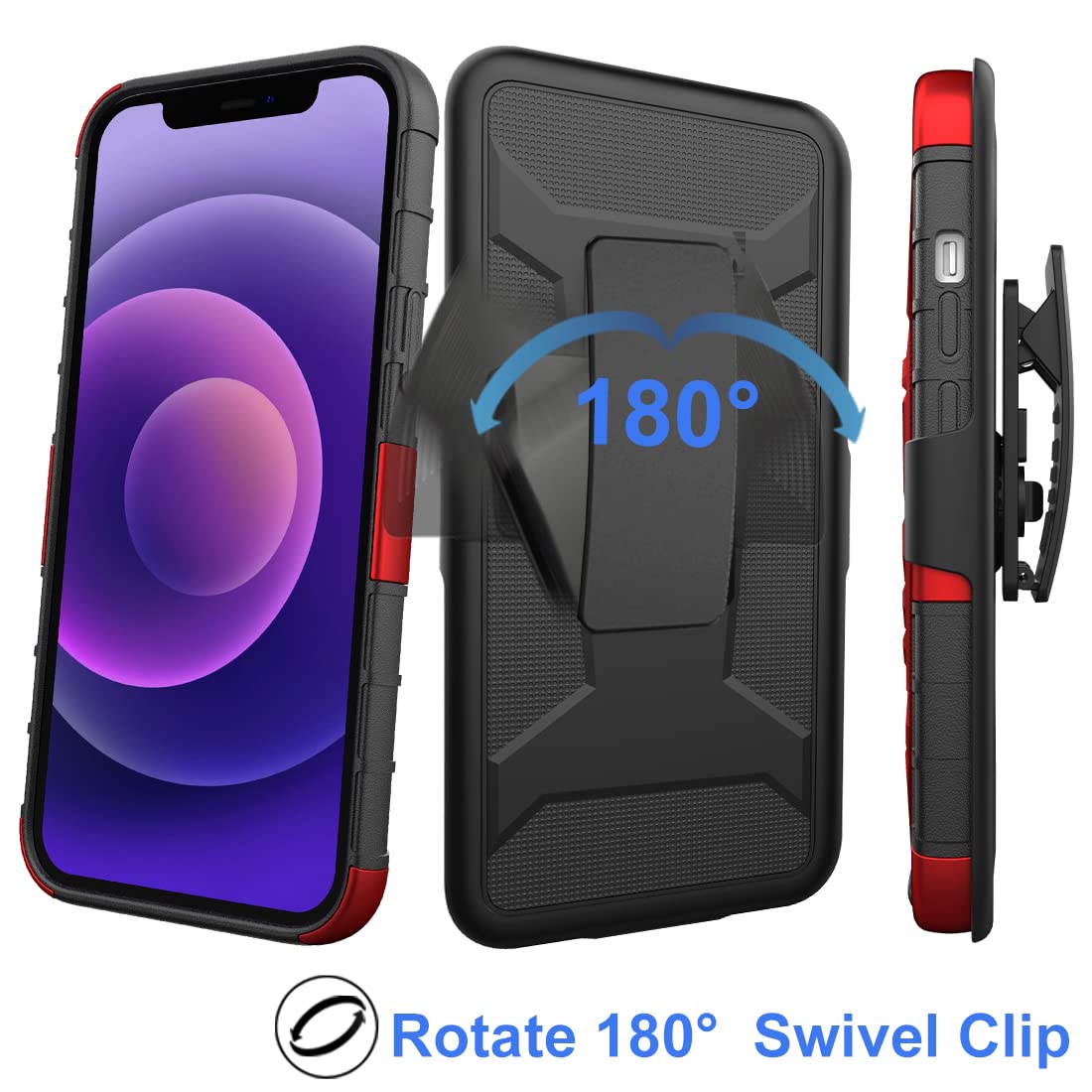 Ailiber Heavy Duty Shockproof iPhone 13 Pro Max Case with Screen Protector, Swivel Belt Clip & Kickstand - Full Body Protection for iPhone 13 Pro Max 6.7 Inch (Red) - Perfect for Outdoor Activities, Construction Work & Extreme Sports
