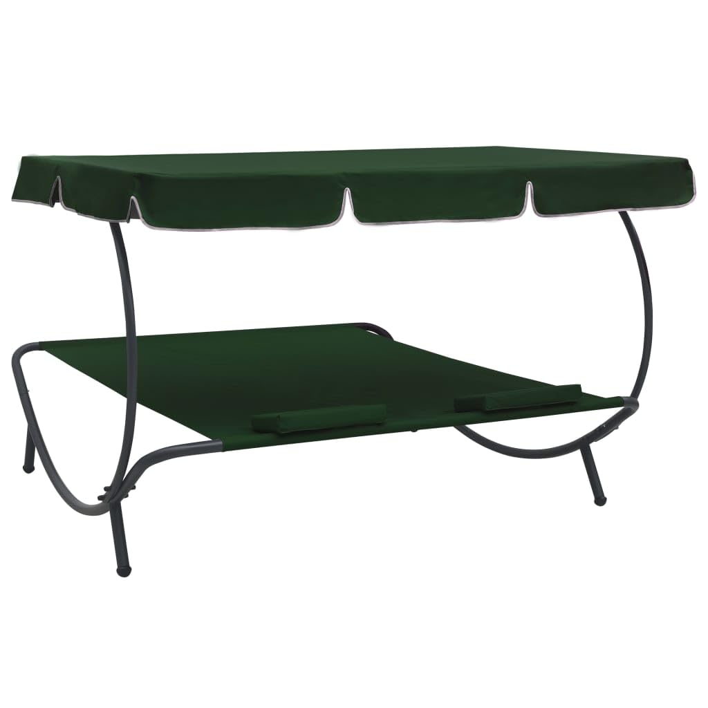 vidaXL Outdoor Double Chaise Lounge with Canopy & Pillows - Patio Daybed for Poolside, Lawn & Garden - Scandinavian Style Green Lounge Chair - Perfect for Sunbathing, Relaxing & Outdoor Entertaining