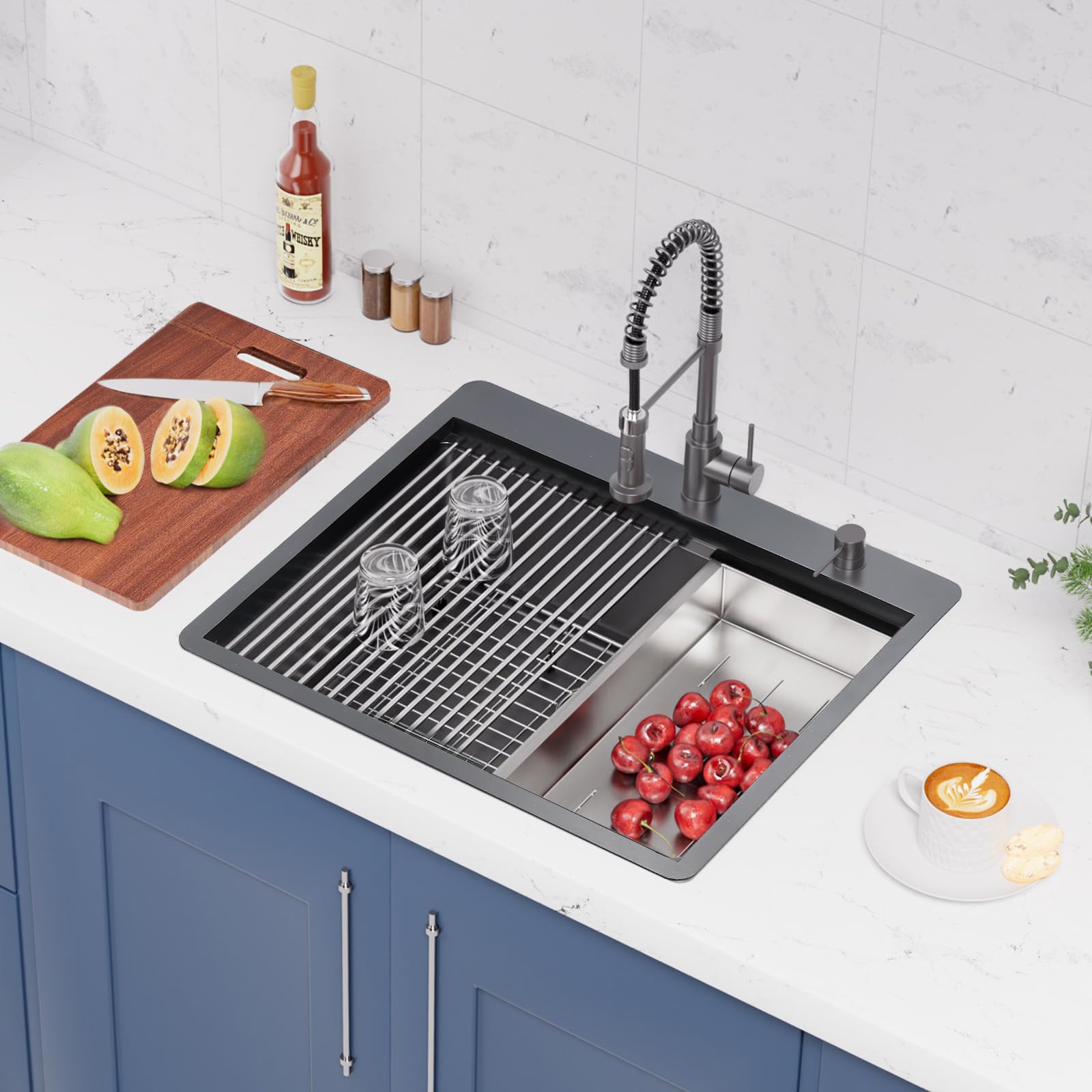 Davivy 25 x 22 x 10 Inch Black Stainless Steel Drop-in Kitchen Sink - 16 Gauge Gunmetal Finish, Single Bowl Topmount Workstation Sink for Modern Kitchens | Perfect for Meal Prep, Dishwashing & Small Space Cooking