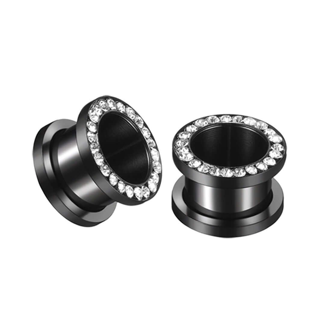 Black CZ Hollow Screw Fit Tunnel Plug Ear Gauges Set - Stainless Steel Body Jewelry for Ear Stretching | Perfect for Everyday Wear, Parties & Alternative Fashion (UZ299)