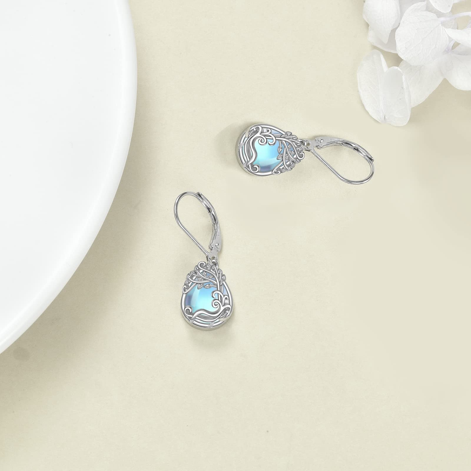 Moonstone Filigree Drop Dangle Teardrop Earrings - 925 Sterling Silver Leverback Earrings for Women | Elegant Jewelry Gift for Birthday, Anniversary & Special Occasions