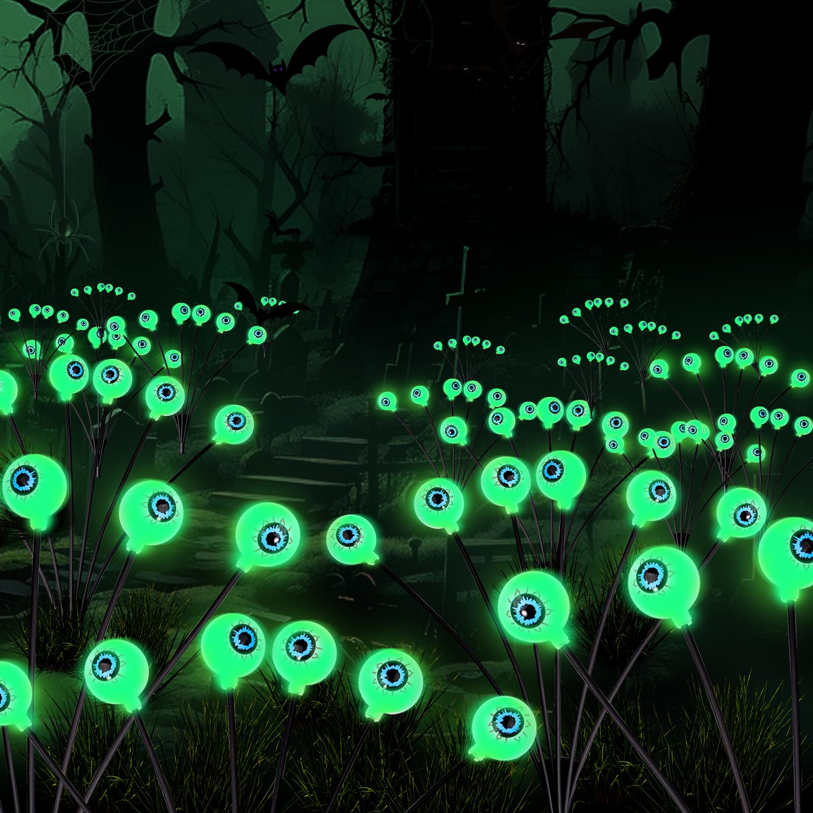 YBB 2 Pack Halloween Solar Eyeball Stake Lights - 12 LED Waterproof Swaying Scary Pathway Lights for Outdoor Garden, Yard & Lawn Decor | Perfect for Halloween Party, Haunted House & Spooky Pathway Lighting