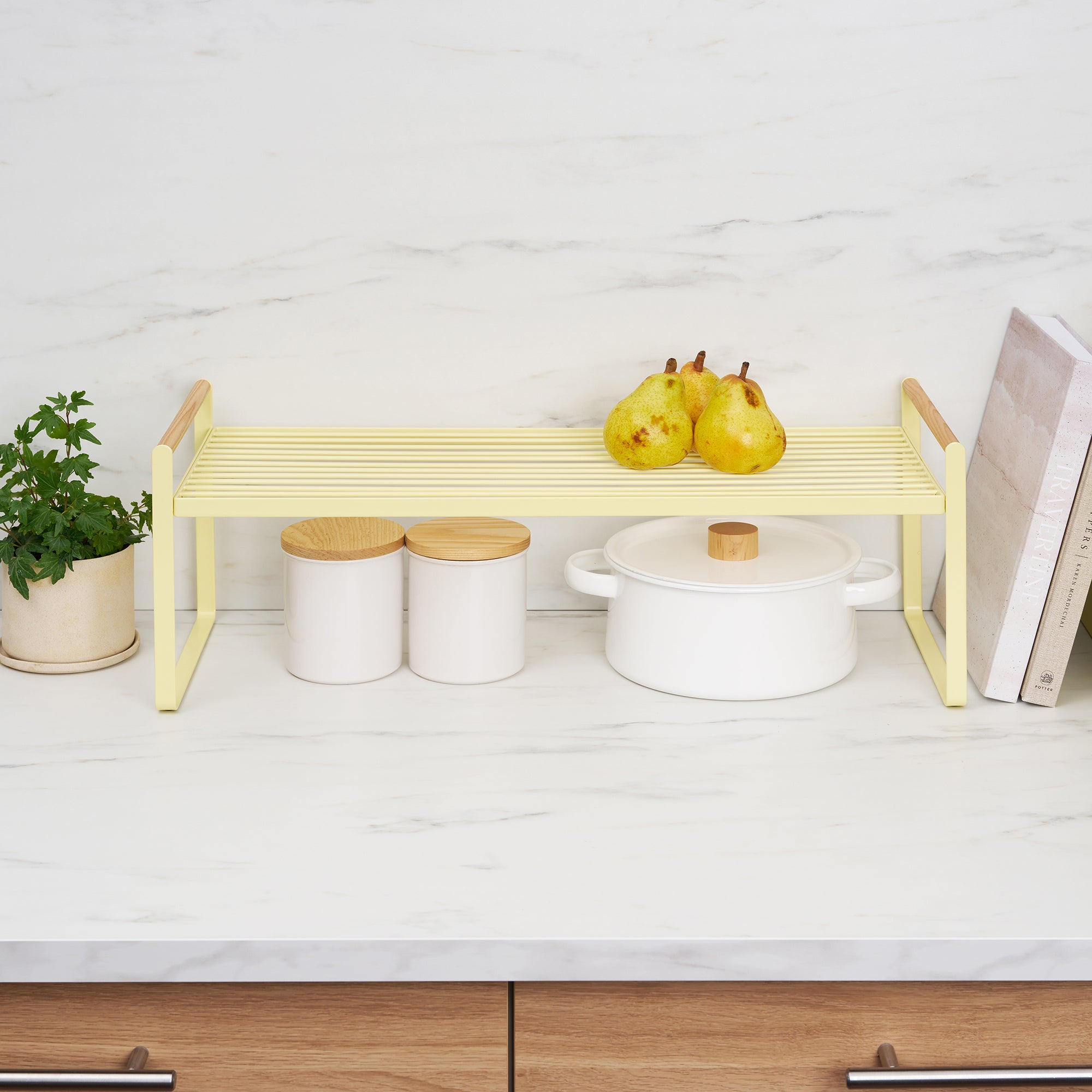 Sturdy Countertop Wire Shelf - Steel & Wood Organizer for Kitchen, Bathroom, or Office Storage | Space-Saving Solution for Small Spaces