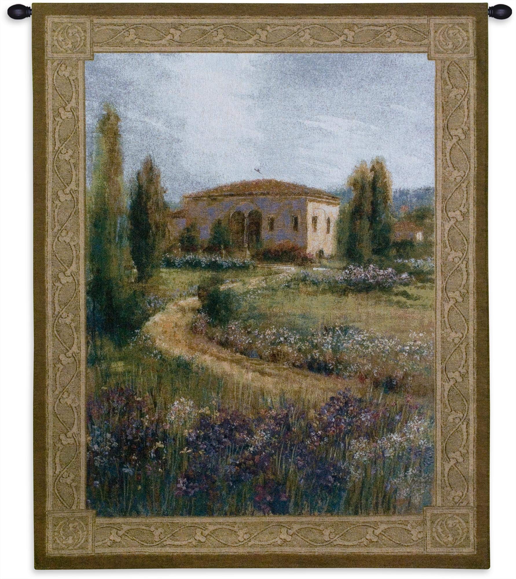 Morning in Spain Woven Tapestry Wall Art - Spanish Villa Path Lavender Meadow Landscape - 100% Cotton Hanging Decor 53x40 Inches - Perfect for Living Room, Bedroom & Boho Home Decor