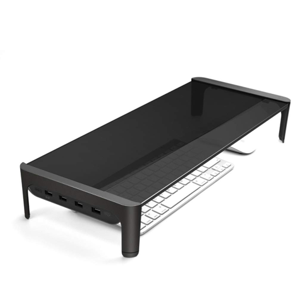 DLT Premium Tempered Glass Monitor Stand with ABS Frame - 60cm Adjustable Riser with USB 2.0 Hub (3 Ports + Fast Charging) - Includes 1.5m & 1.7m Power Cables - Black - Perfect for Home Office & Gaming Setup