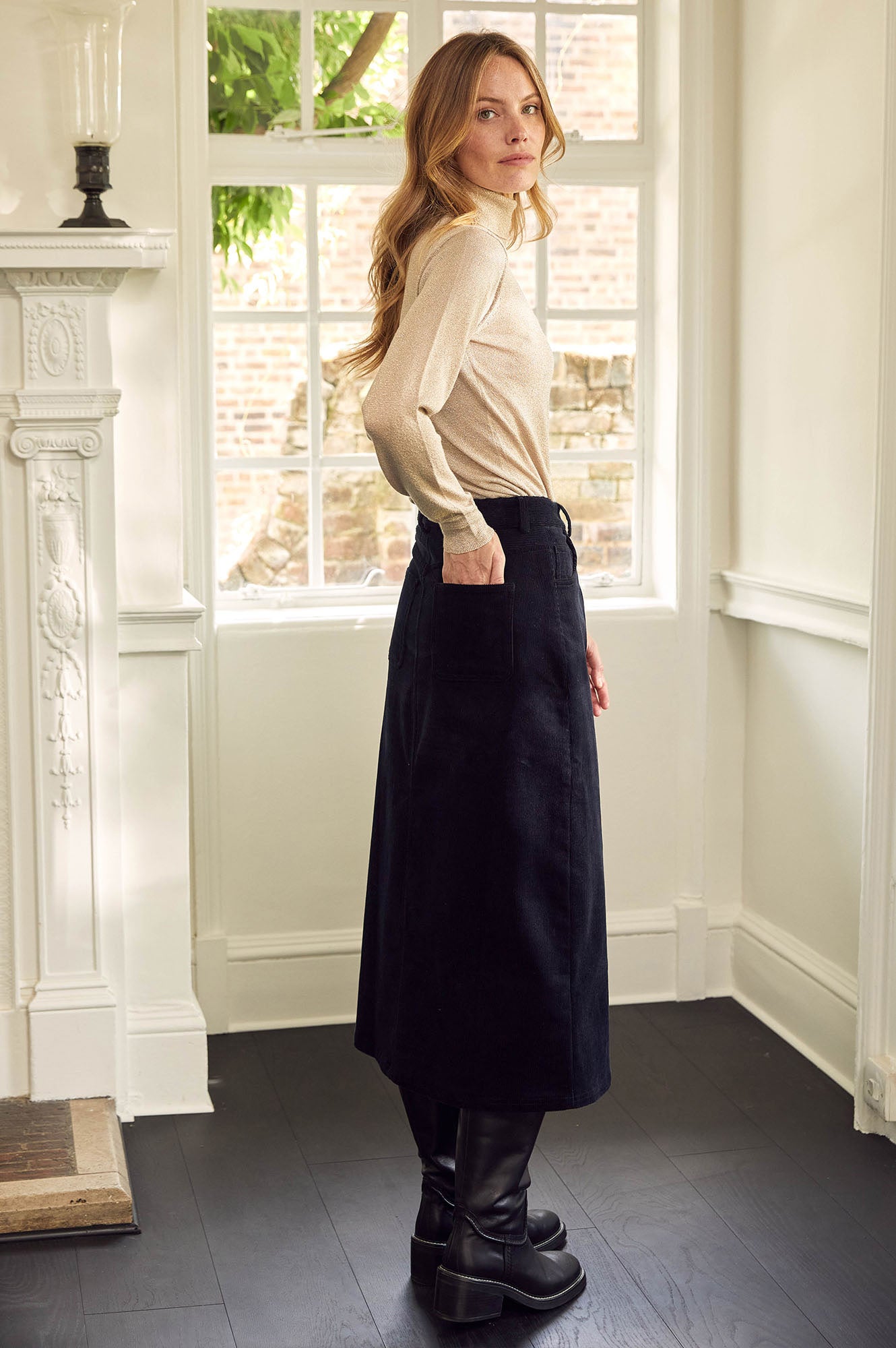 Mallory Stretch Corduroy Skirt for Women - Comfortable High Waist A-Line Mini Skirt in Black | Perfect for Casual Wear, Office Outfits & Fall Fashion