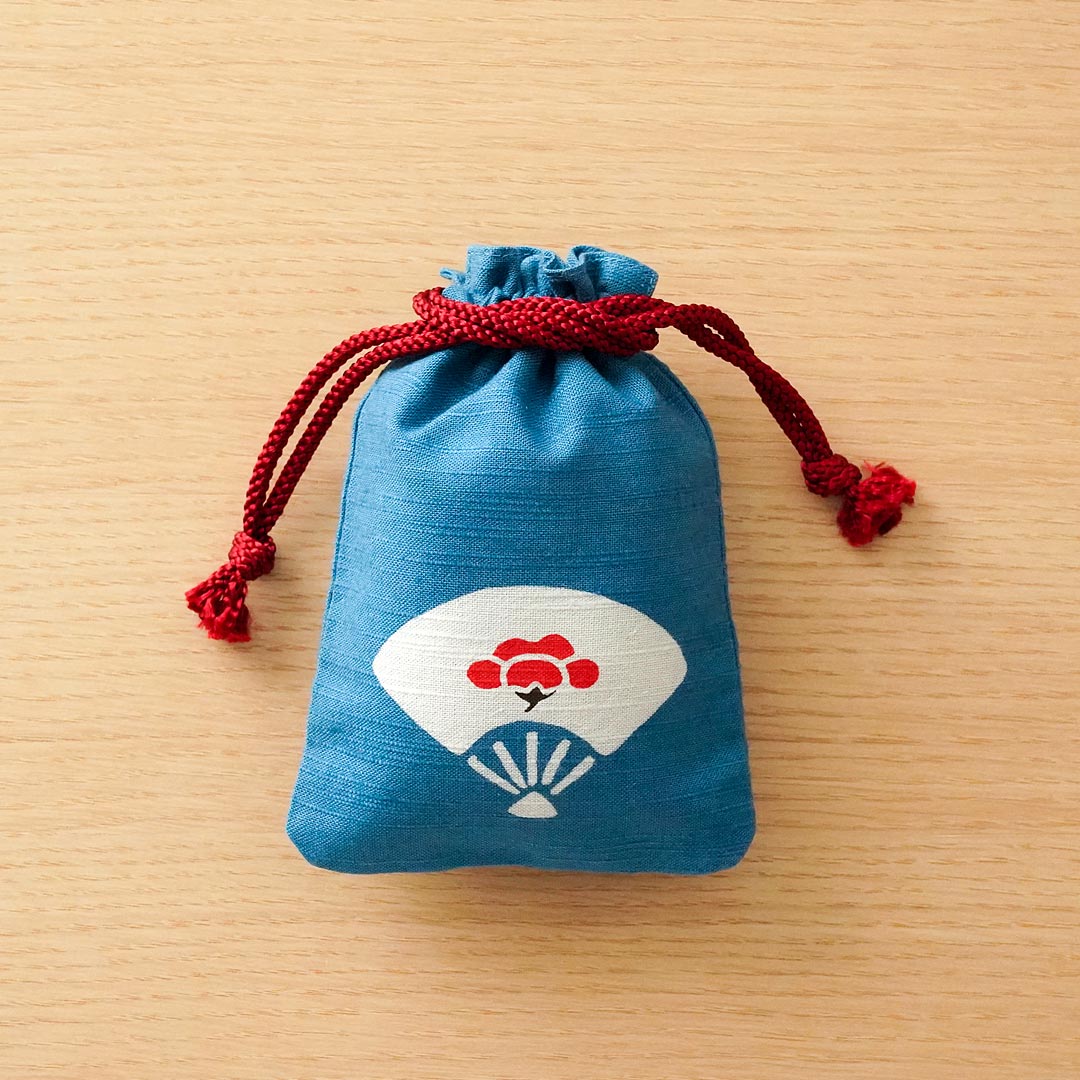 Katazome Small Talisman Bag - Japanese Fan & Apricot Design Drawstring Pouch - Traditional Handcrafted Japanese Gift for Good Luck & Protection - Perfect for Travel, Home Decor & Spiritual Use