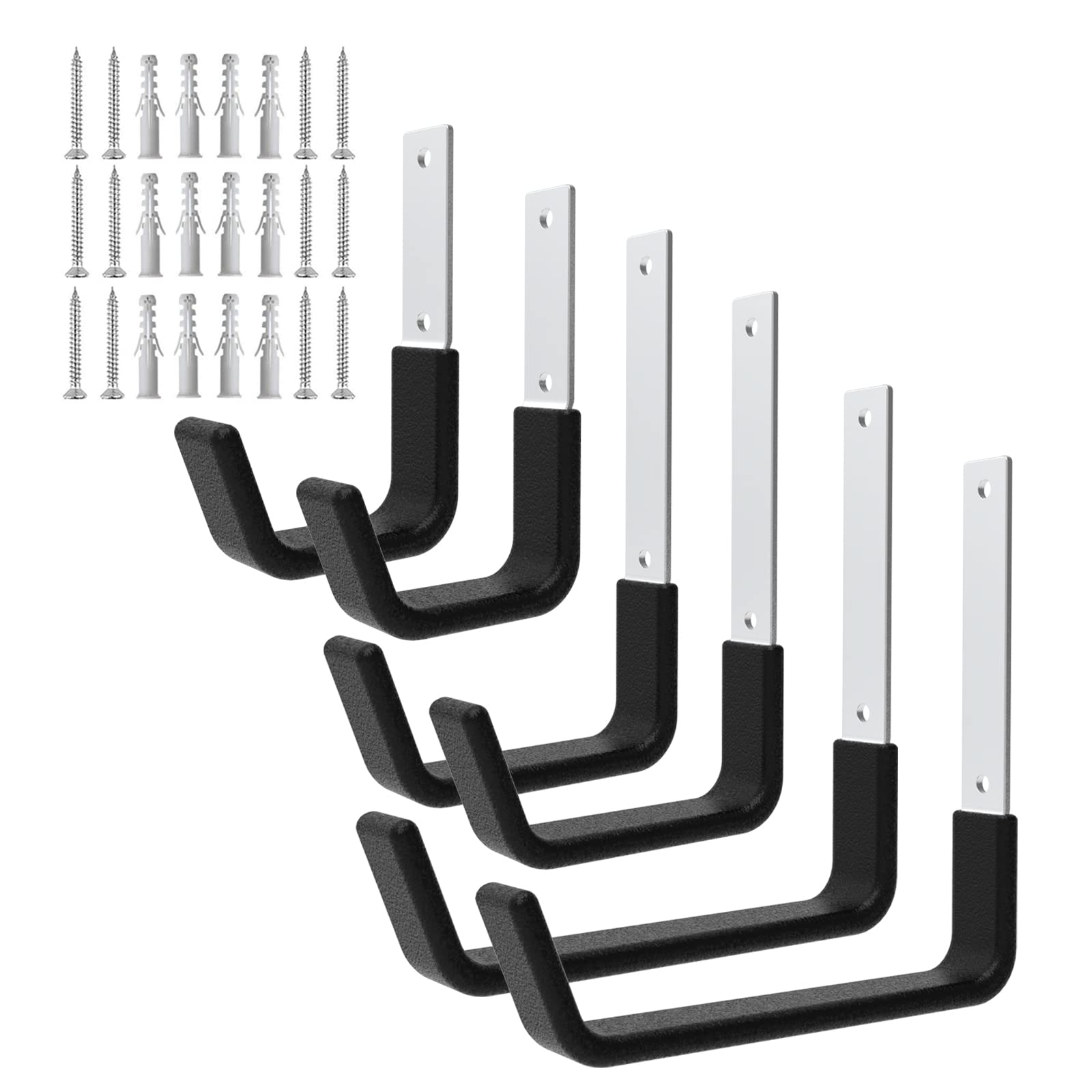 Heavy Duty Garage Wall Hooks - 6 Pack Utility Hooks for Bike, Ladder, Hose & Leaf Blower Storage - Durable Metal Wall Mount Organizer for Garage, Shed & Workshop Organization (2 Small, 2 Medium, 2 Large)