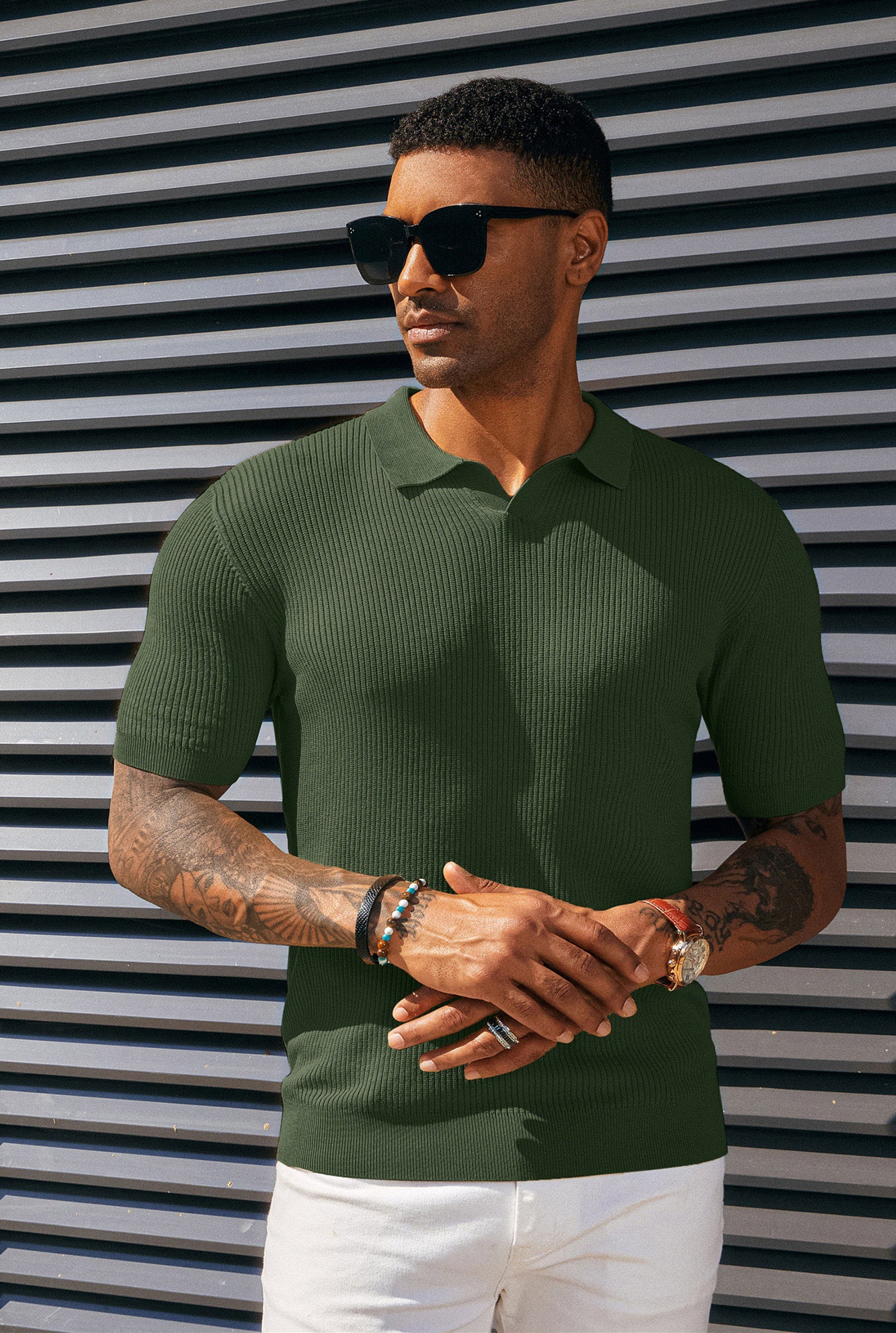 Men's Ribbed Textured V-Neck Knit Polo Shirt - Breathable Casual Shirt for Work, Golf & Everyday Wear