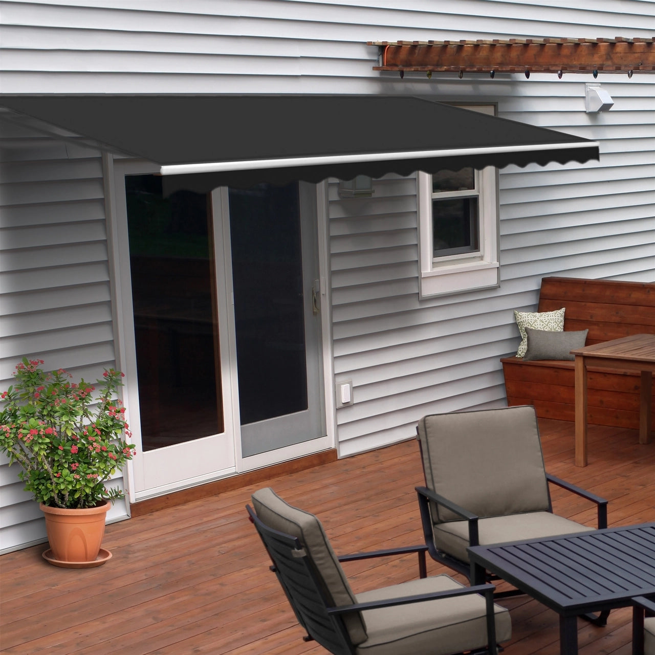 20 x 10 Feet Aleko Motorized Retractable White Frame Patio Awning - Black | Perfect for Outdoor Shade, Backyard Relaxation & Patio Protection