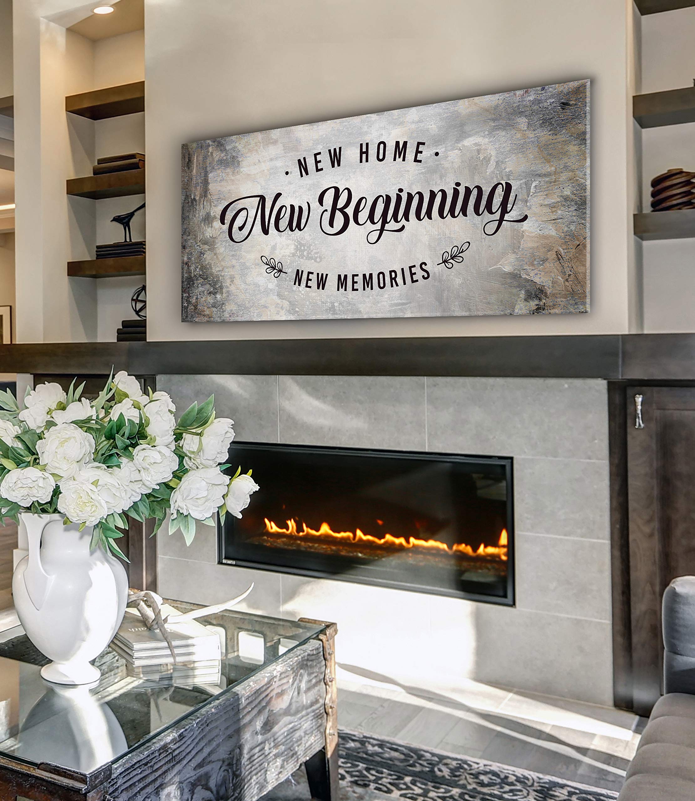 New Home New Beginning Quote Wood Framed Canvas - Rustic Housewarming Gift & Living Room Wall Decor - Brown 60x27 - Perfect for Home Decor, Wedding Gifts & Farmhouse Style Interiors